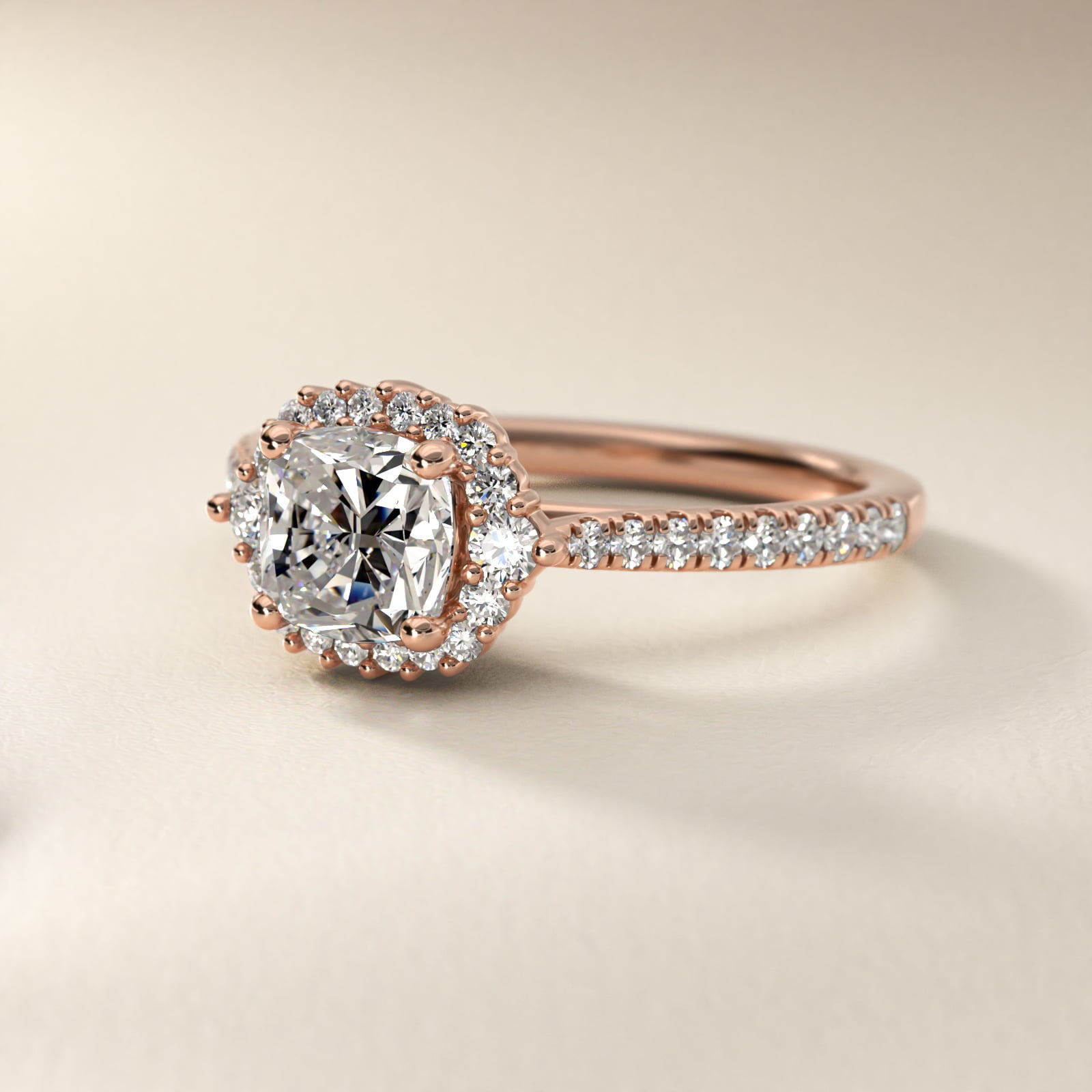 PavŽ Diamond Halo Cathedral Engagement Ring In 18k Rose Gold By James Allen - Cushion Center