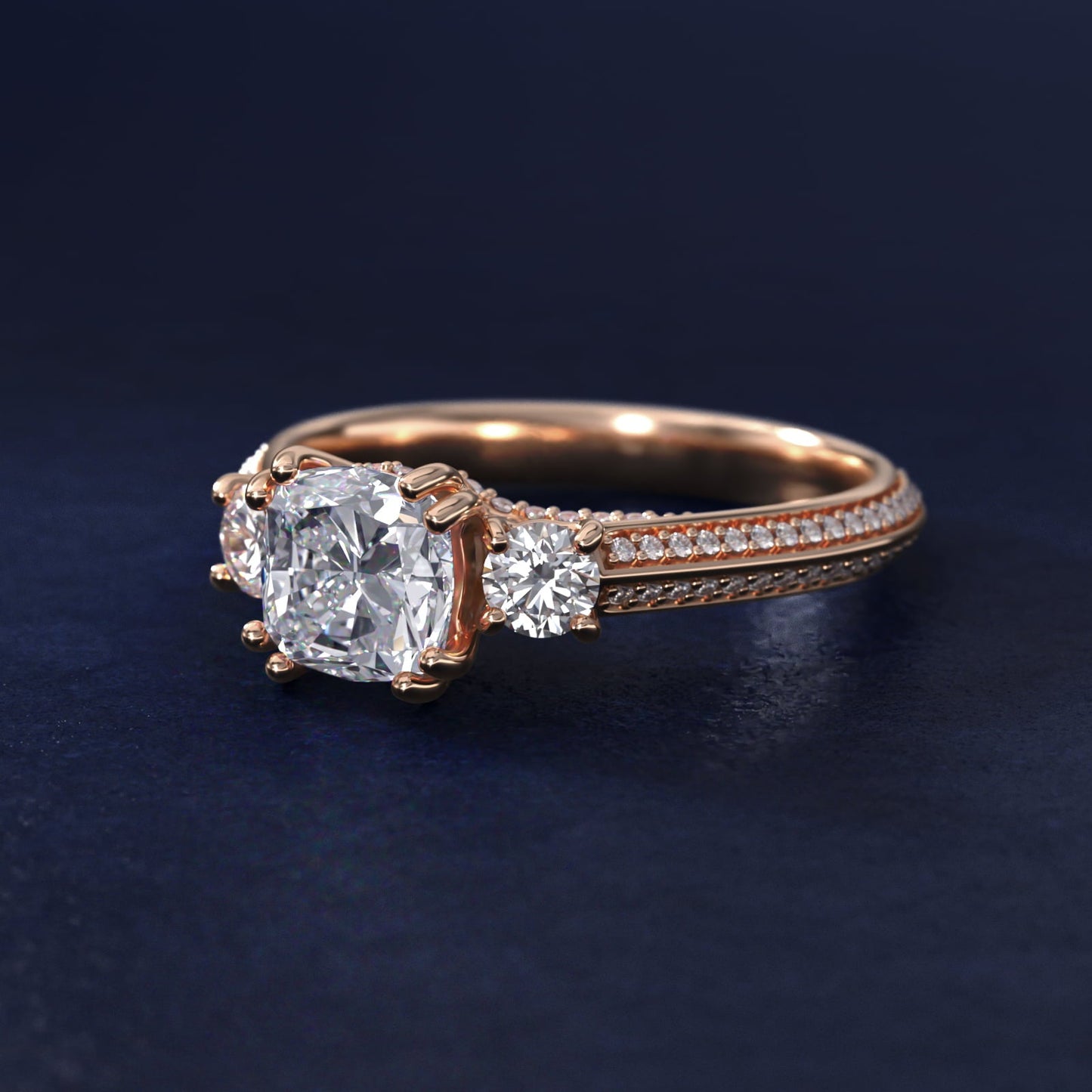 Pav? Knife Edge Diamond Three Stone Engagement Ring In 18k Rose Gold By James Allen - Cushion Center