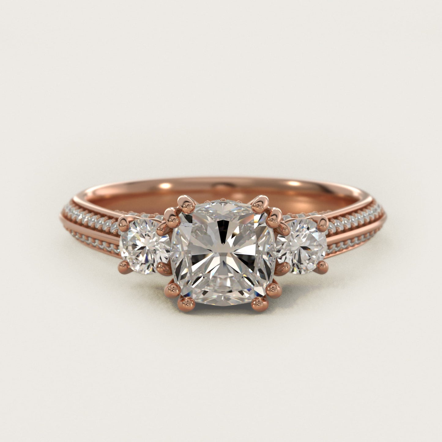 PavŽ Knife Edge Diamond Three Stone Engagement Ring In 14K Rose Gold By James Allen - Cushion Center