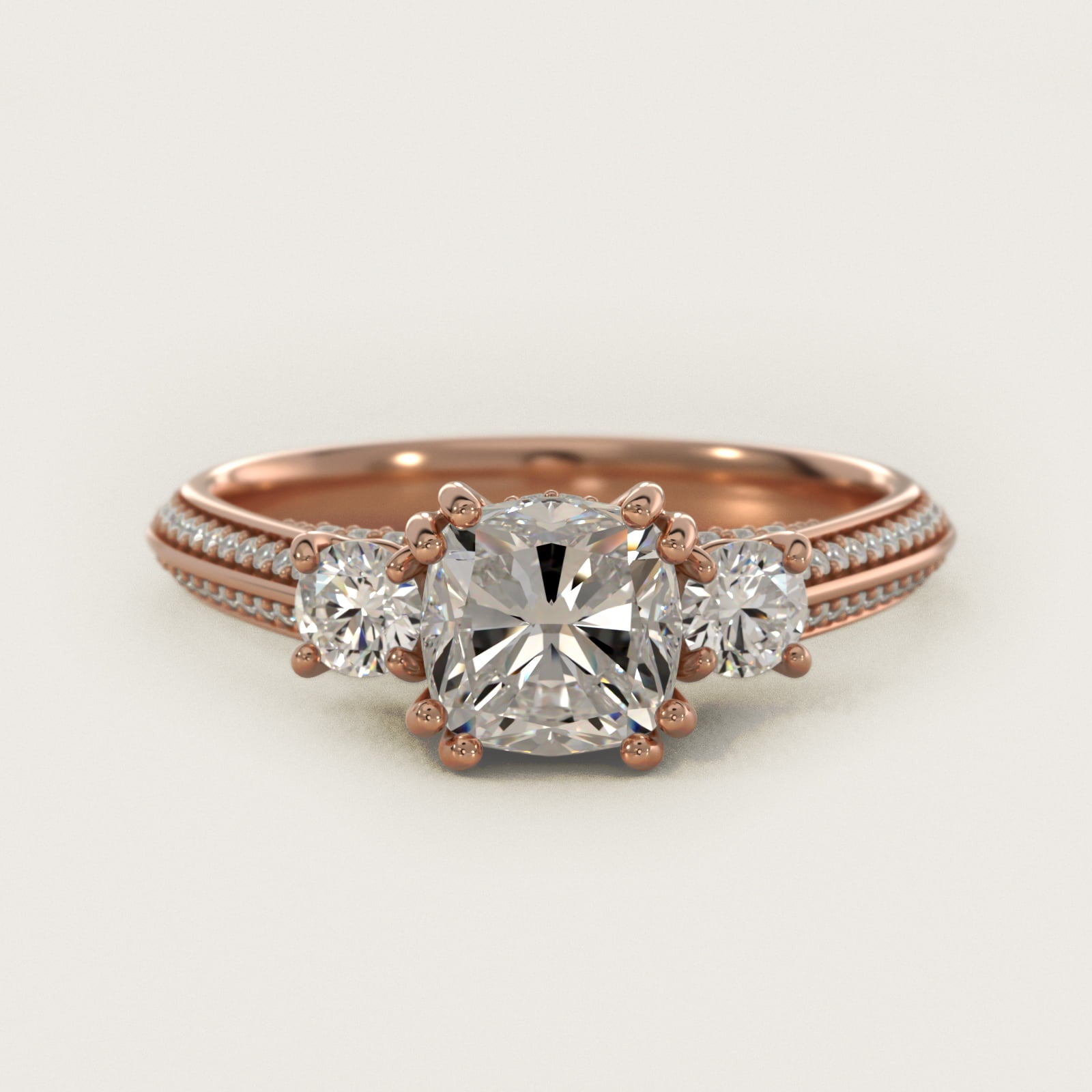 PavŽ Knife Edge Diamond Three Stone Engagement Ring In 14K Rose Gold By James Allen - Cushion Center