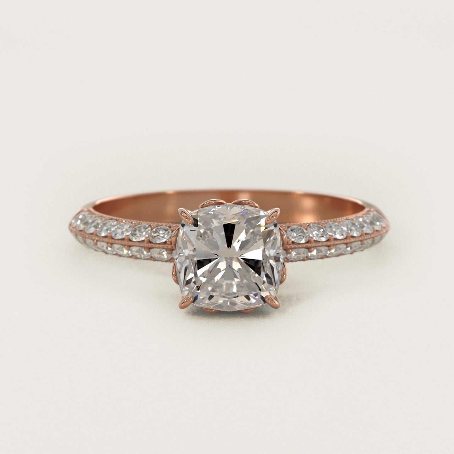 PavŽ Knife Edge Lotus Basket Diamond Engagement Ring In 14K Rose Gold By James Allen - Cushion Center