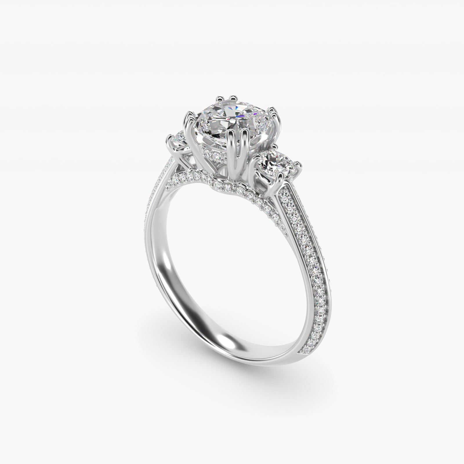 PavŽ Knife Edge Diamond Three Stone Engagement Ring In 14K White Gold By James Allen - Cushion Center