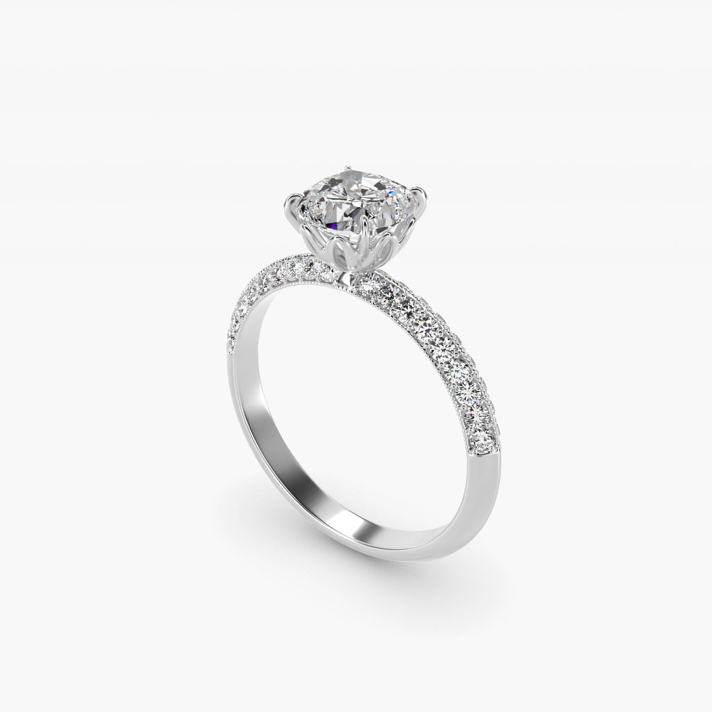 PavŽ Knife Edge Lotus Basket Diamond Engagement Ring In 14K White Gold By James Allen - Cushion Center