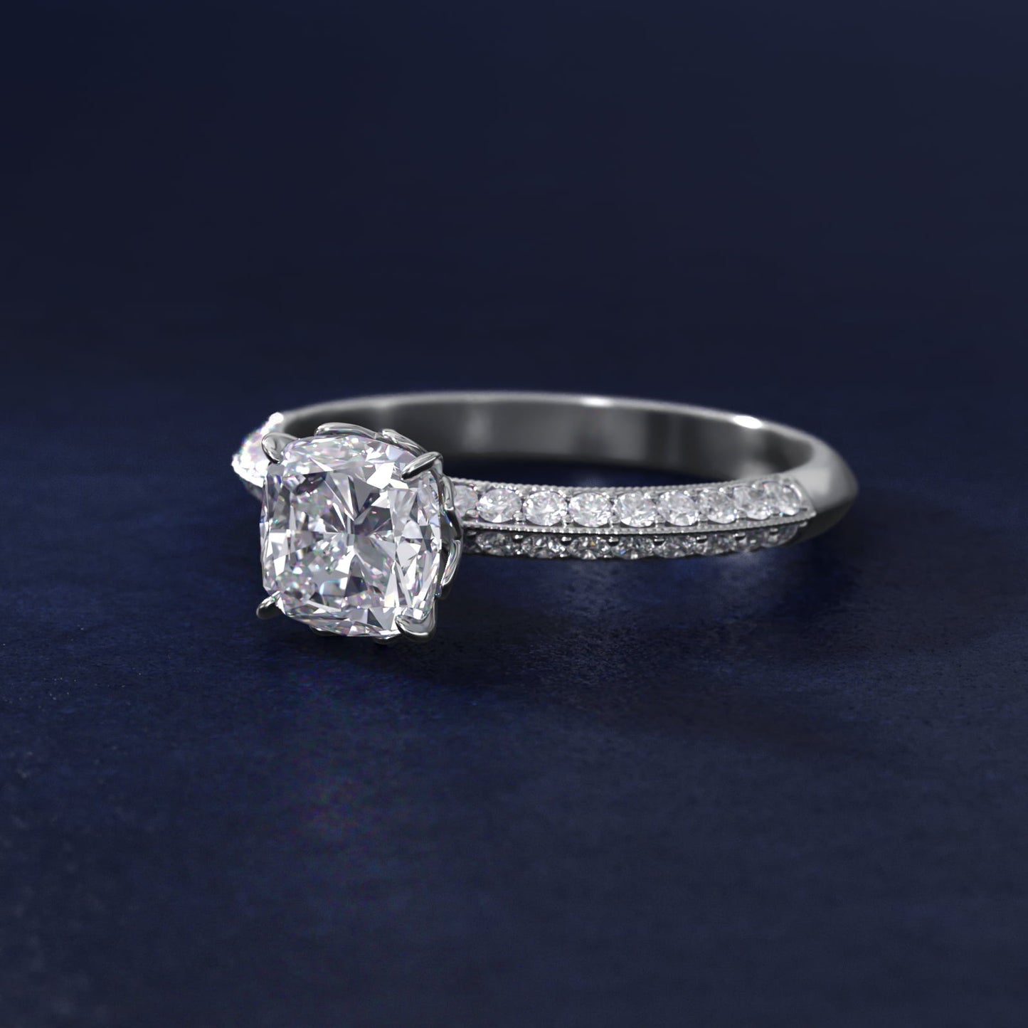 PavŽ Knife Edge Lotus Basket Diamond Engagement Ring In 14K White Gold By James Allen - Cushion Center