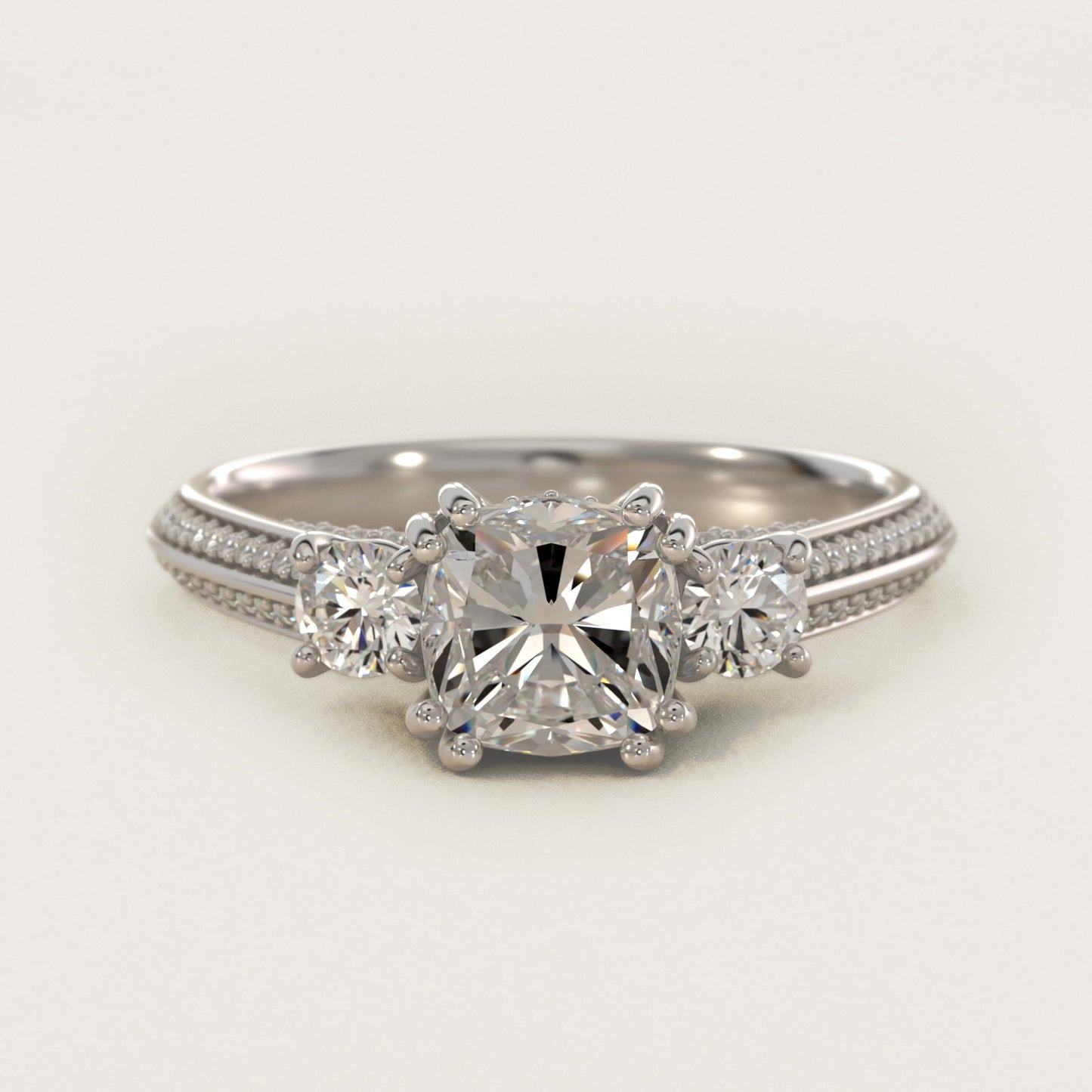 PavŽ Knife Edge Diamond Three Stone Engagement Ring In 14K White Gold By James Allen - Cushion Center