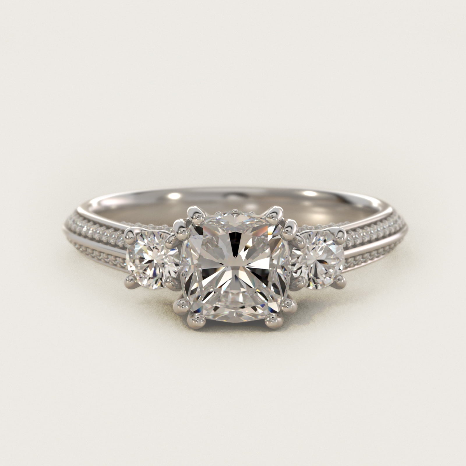 Pav? Knife Edge Diamond Three Stone Engagement Ring In 18k White Gold By James Allen - Cushion Center