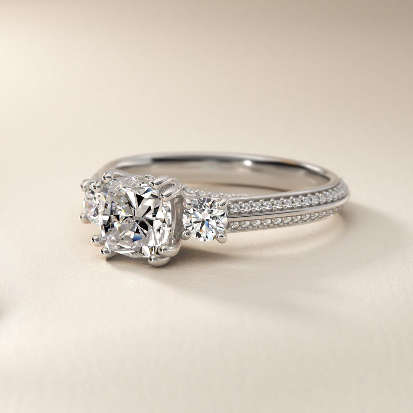 PavŽ Knife Edge Diamond Three Stone Engagement Ring In 14K White Gold By James Allen - Cushion Center