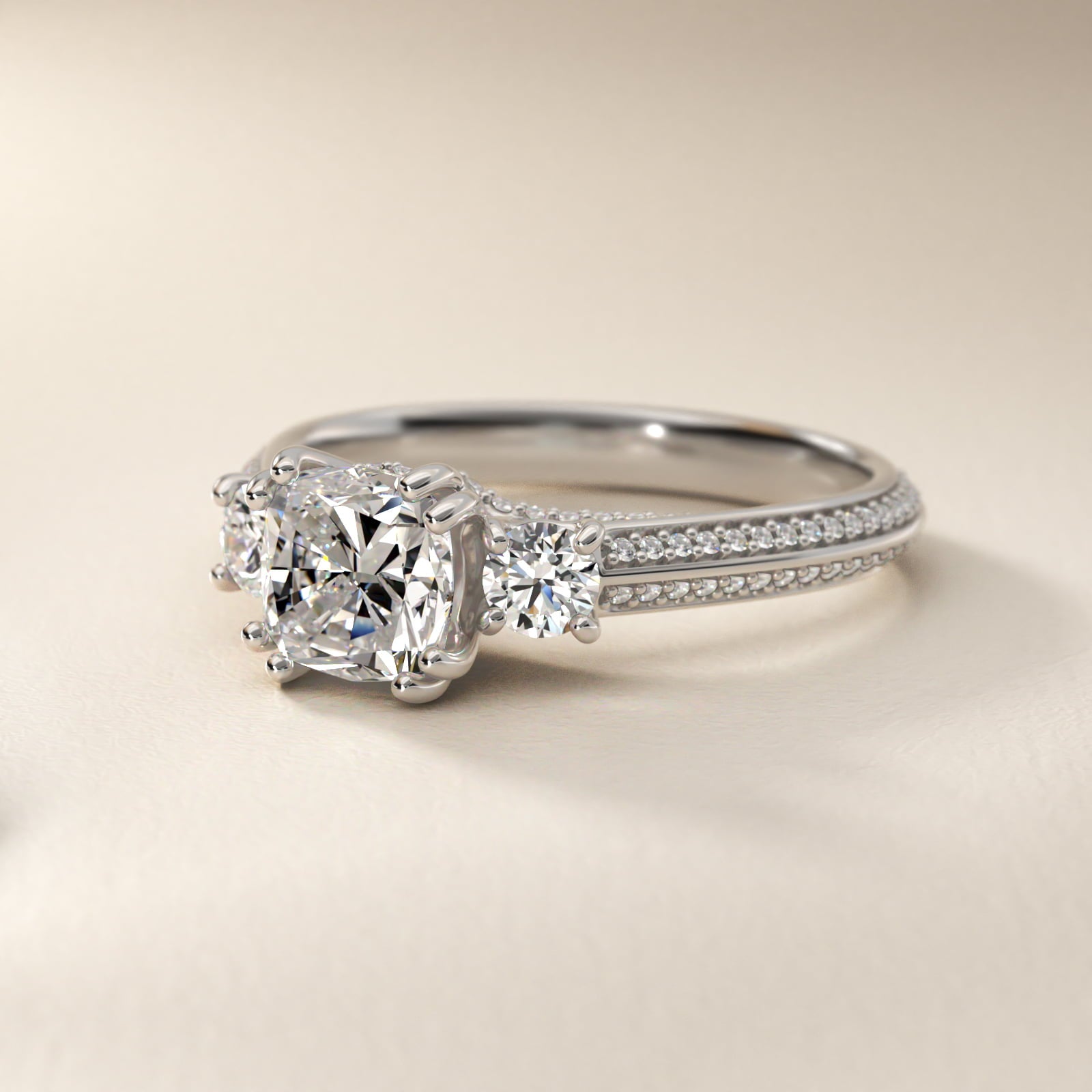 PavŽ Knife Edge Diamond Three Stone Engagement Ring In 14K White Gold By James Allen - Cushion Center