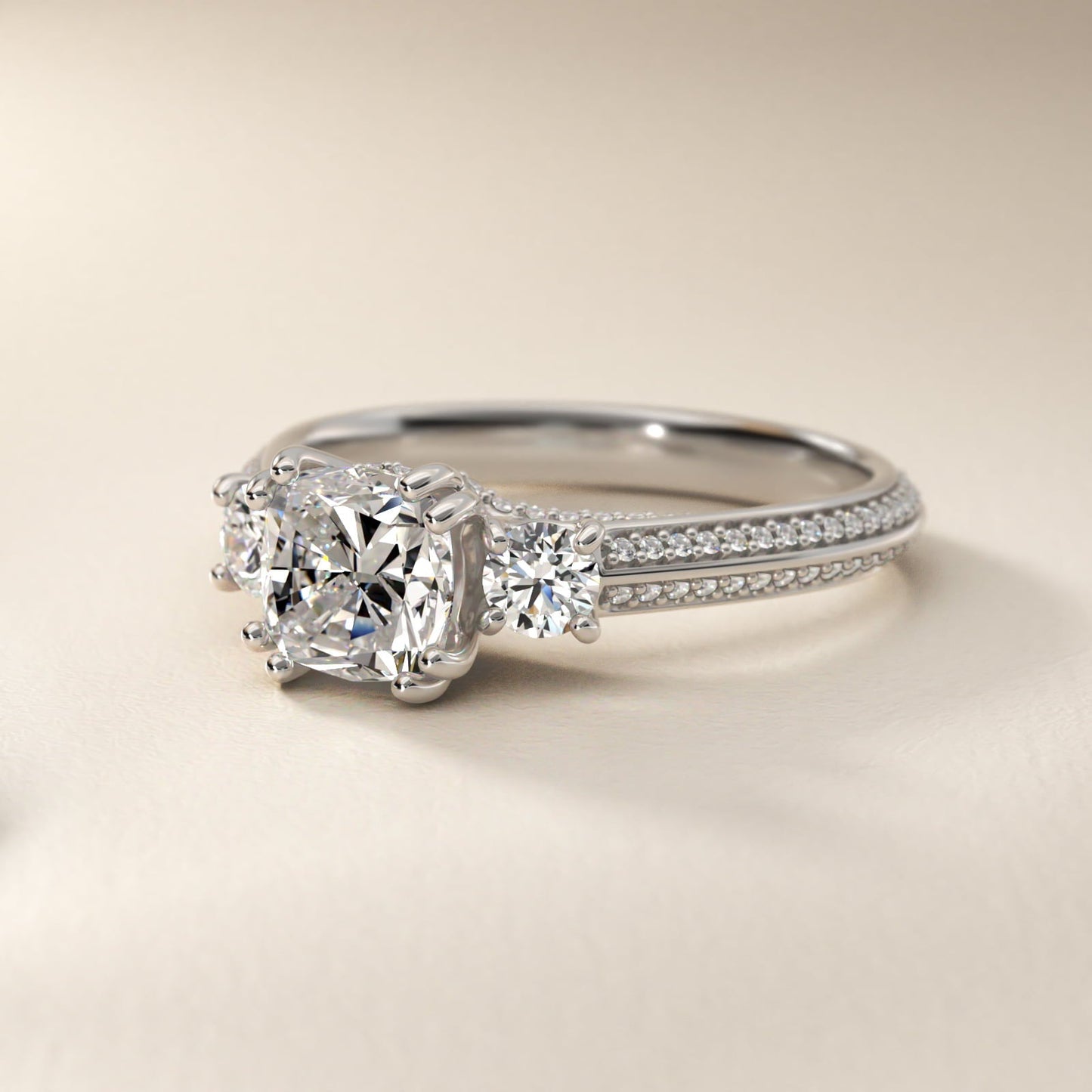 Pav? Knife Edge Diamond Three Stone Engagement Ring In 18k White Gold By James Allen - Cushion Center