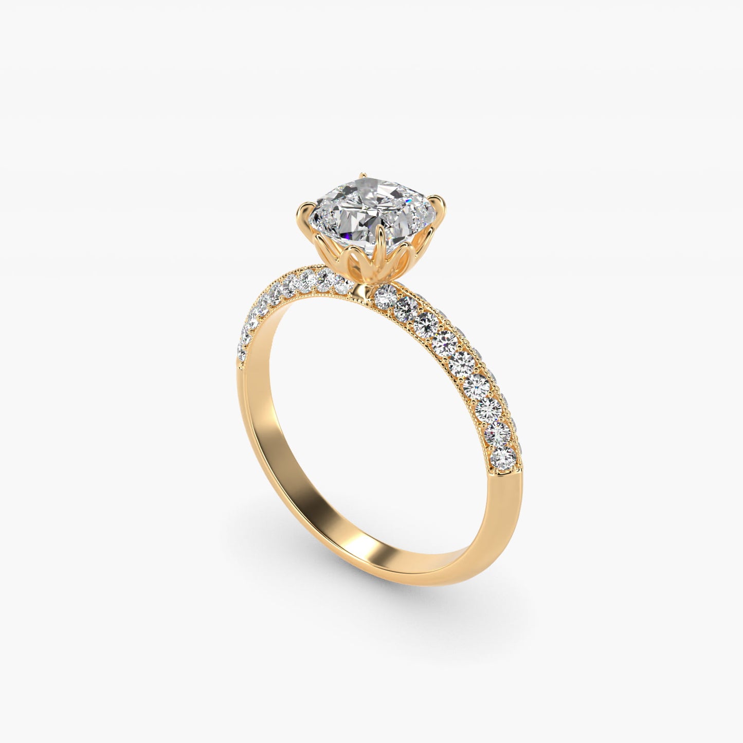 PavŽ Knife Edge Lotus Basket Diamond Engagement Ring In 14K Yellow Gold By James Allen - Cushion Center
