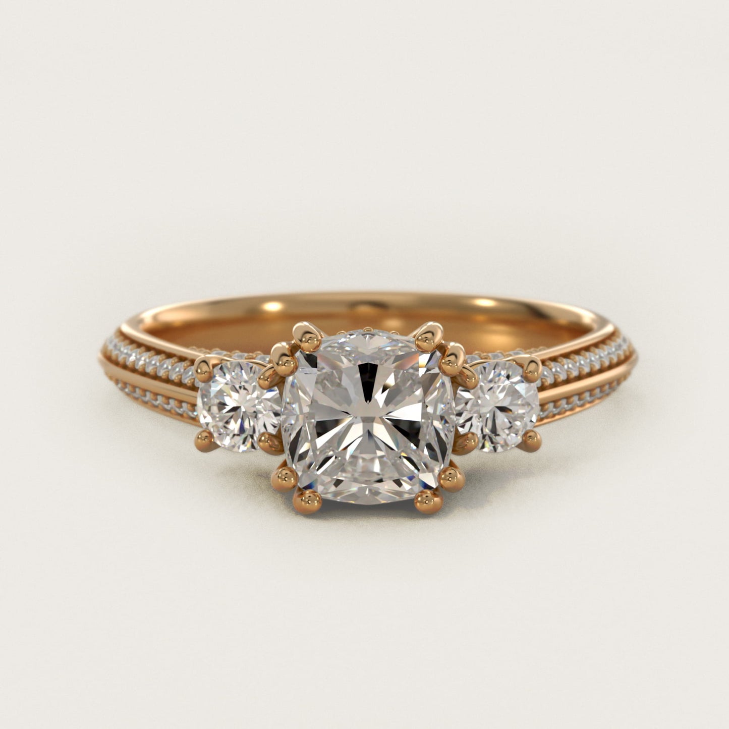 PavŽ Knife Edge Diamond Three Stone Engagement Ring In 14K Yellow Gold By James Allen - Cushion Center