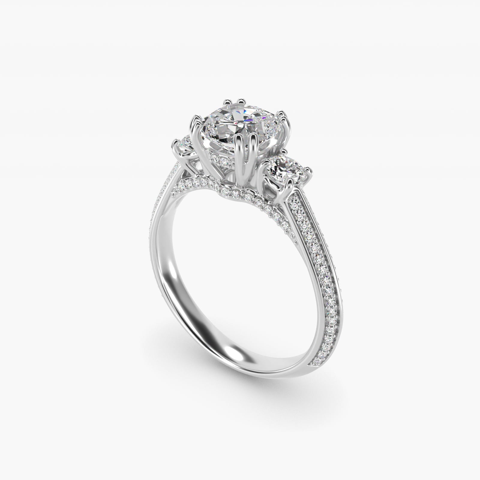 Pav? Knife Edge Diamond Three Stone Engagement Ring In Platinum By James Allen - Cushion Center