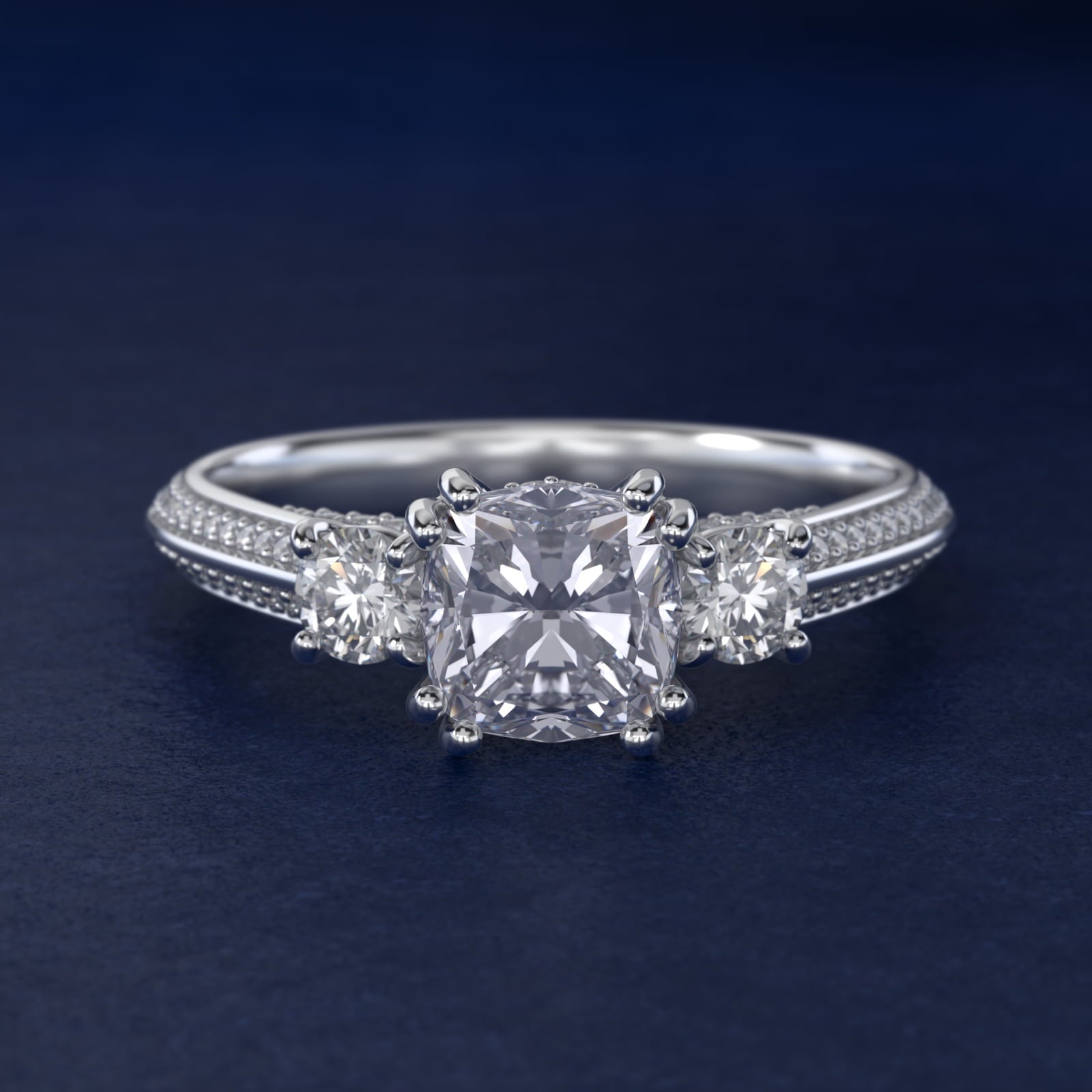 Pav? Knife Edge Diamond Three Stone Engagement Ring In Platinum By James Allen - Cushion Center