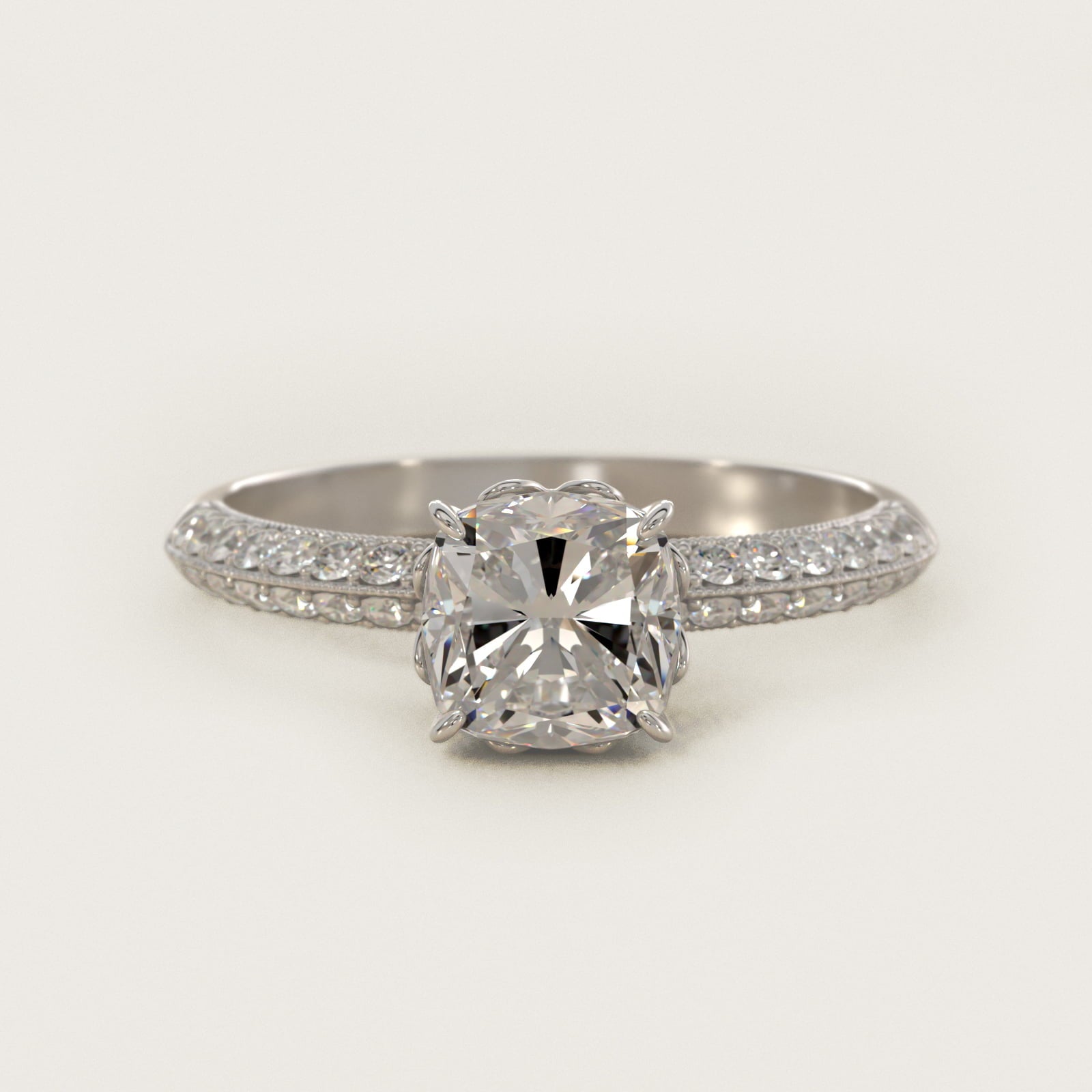 Pav? Knife Edge Lotus Basket Diamond Engagement Ring In Platinum By James Allen - Cushion Center