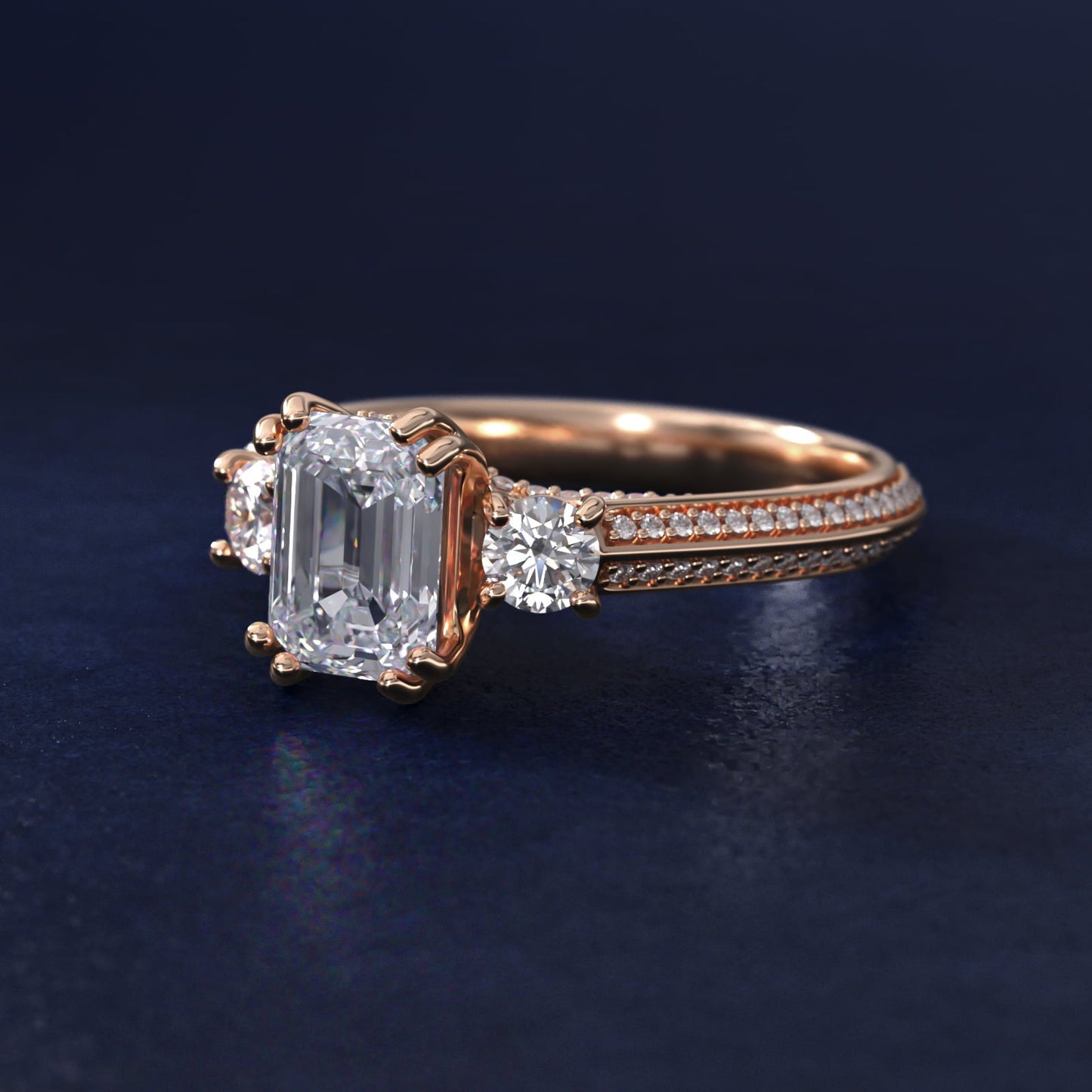 Pav? Knife Edge Diamond Three Stone Engagement Ring In 18k Rose Gold By James Allen - Emerald Center