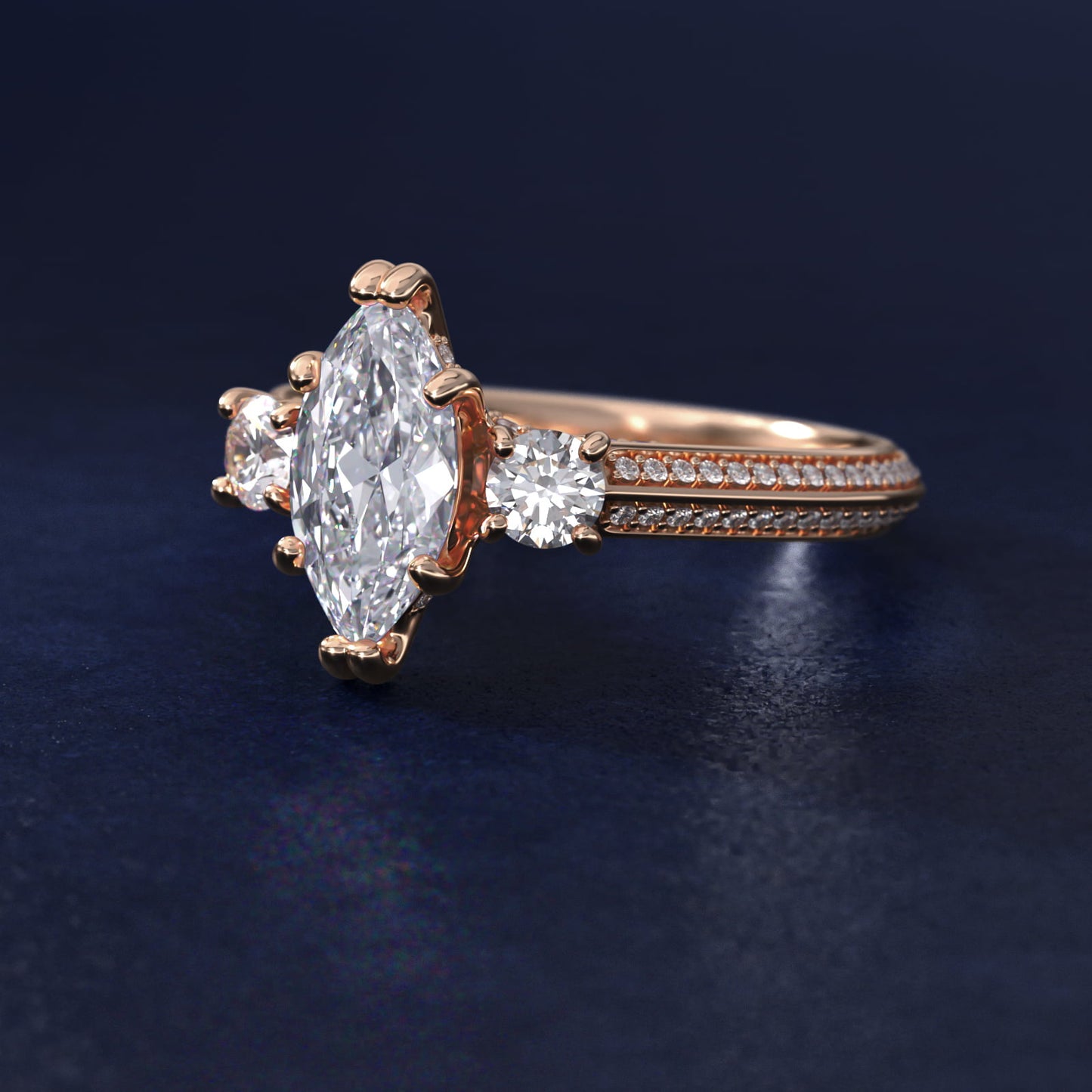 PavŽ Knife Edge Diamond Three Stone Engagement Ring In 14K Rose Gold By James Allen - Marquise Center