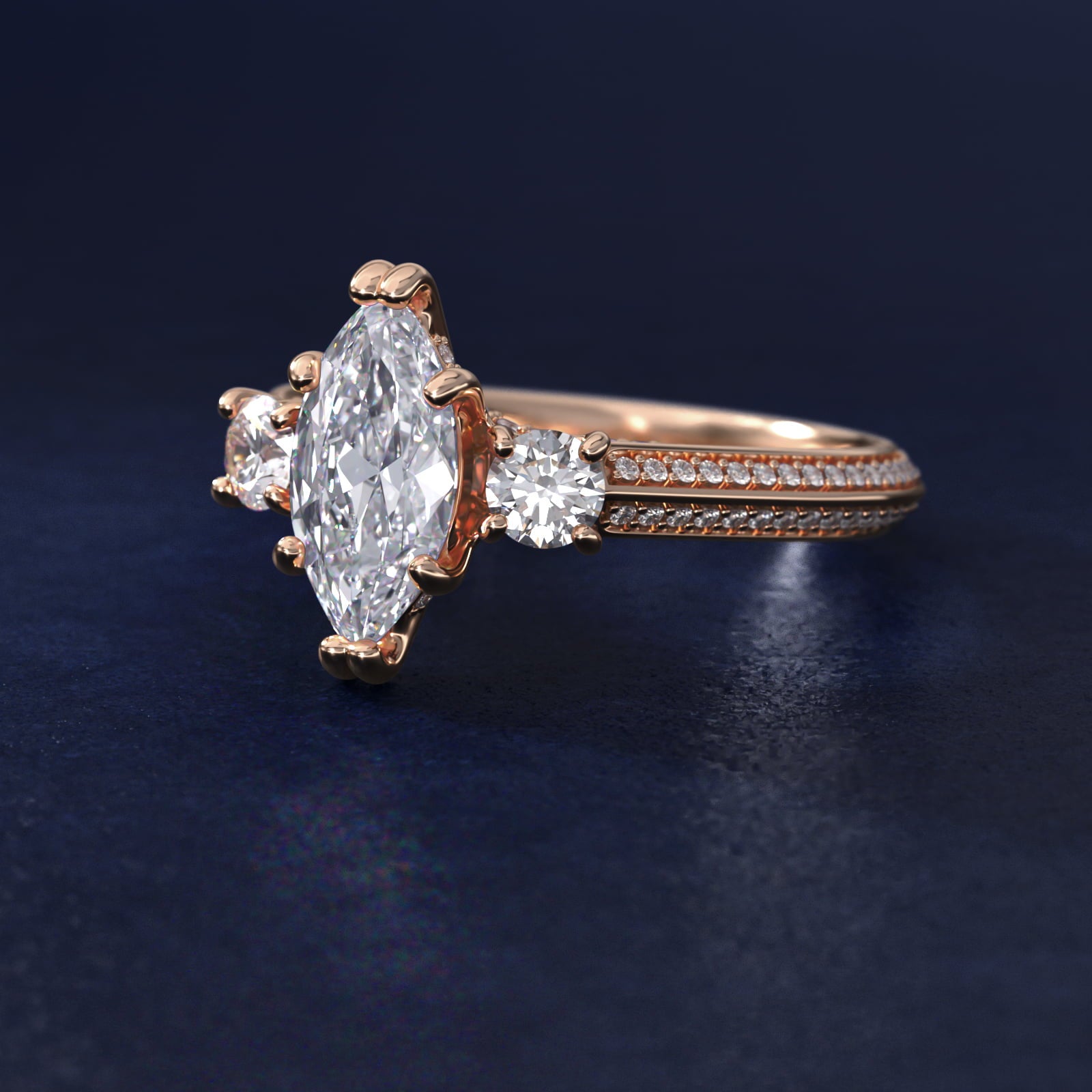 PavŽ Knife Edge Diamond Three Stone Engagement Ring In 14K Rose Gold By James Allen - Marquise Center