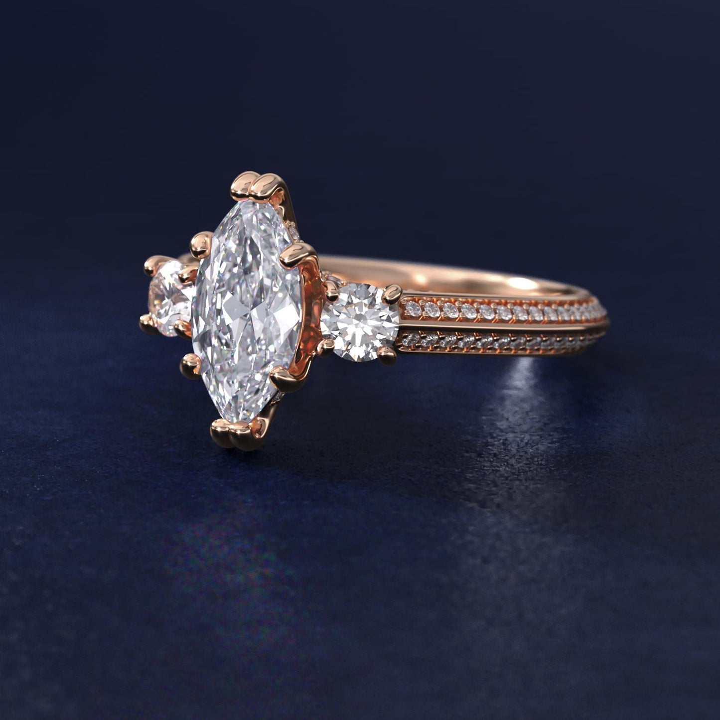 Pav? Knife Edge Diamond Three Stone Engagement Ring In 18k Rose Gold By James Allen - Marquise Center