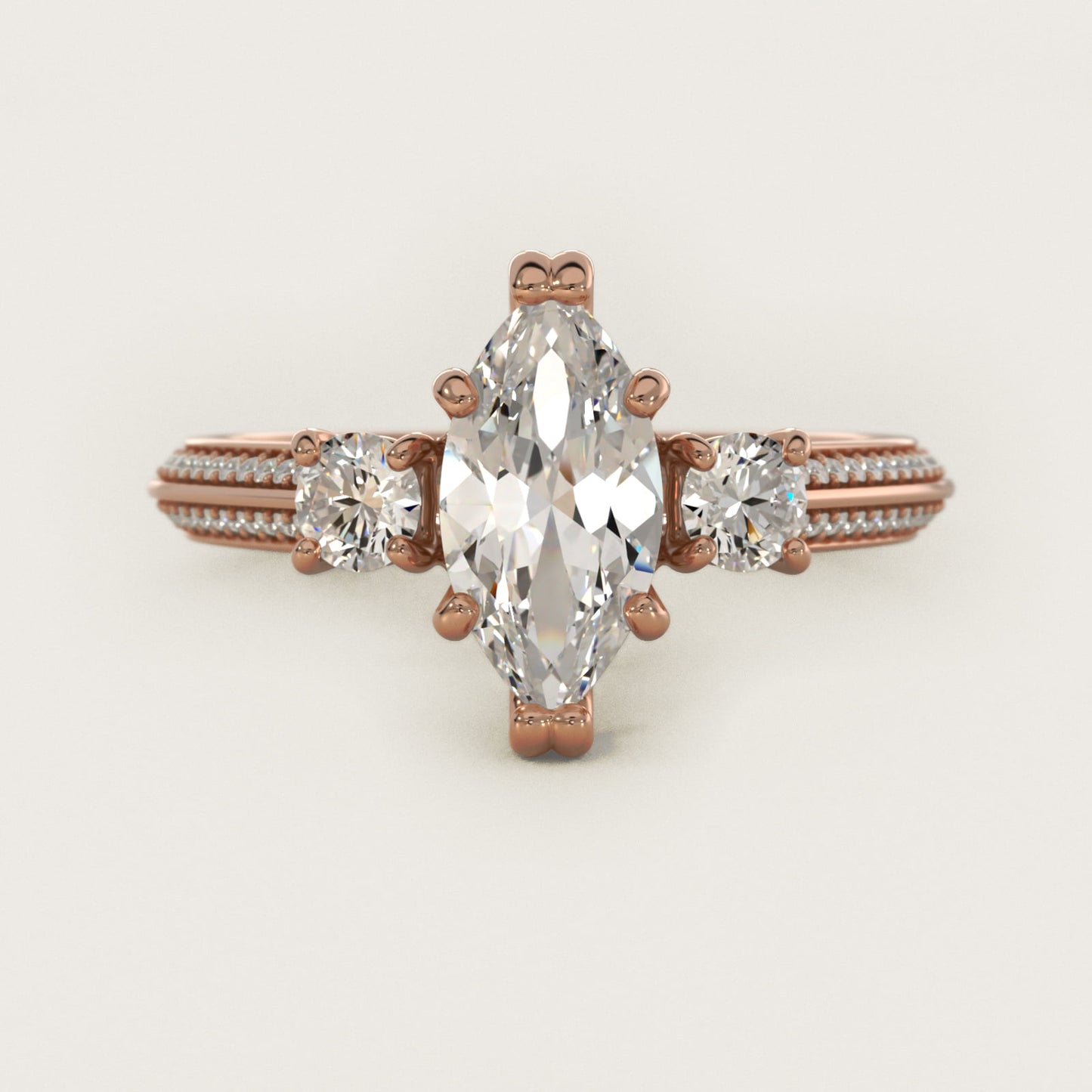 PavŽ Knife Edge Diamond Three Stone Engagement Ring In 14K Rose Gold By James Allen - Marquise Center