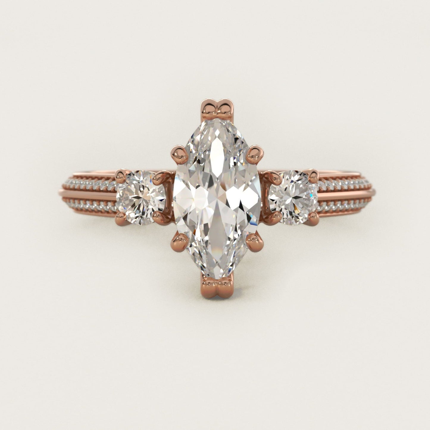 Pav? Knife Edge Diamond Three Stone Engagement Ring In 18k Rose Gold By James Allen - Marquise Center