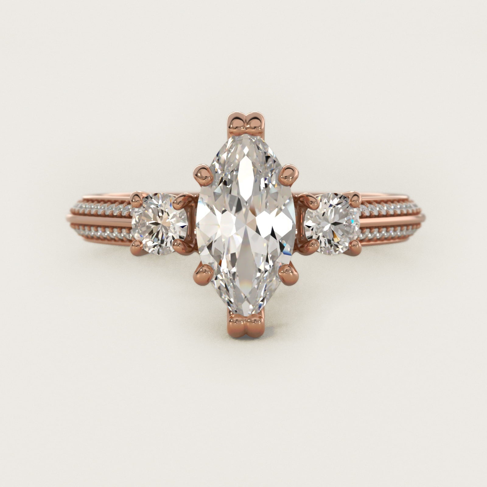 Pav? Knife Edge Diamond Three Stone Engagement Ring In 18k Rose Gold By James Allen - Marquise Center
