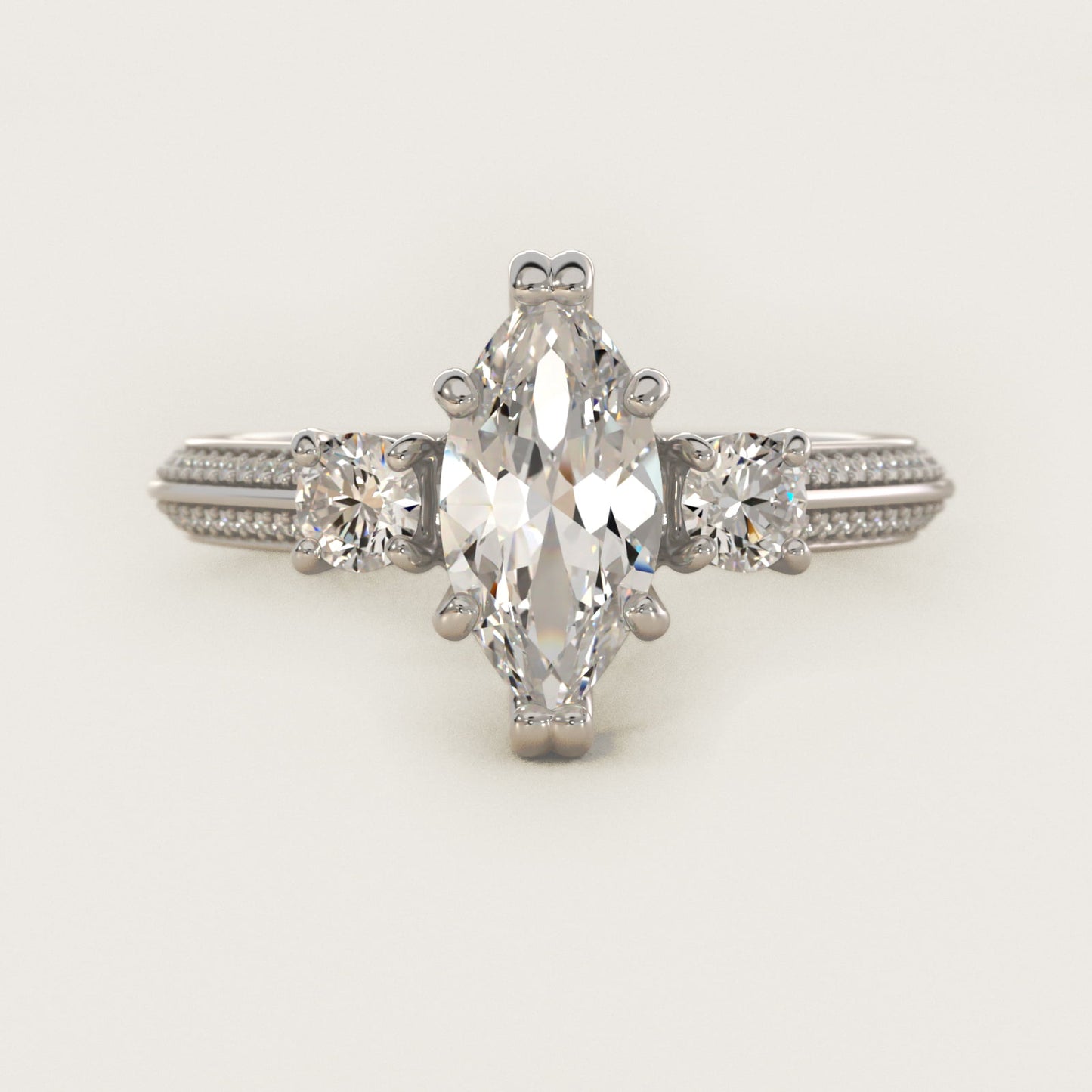 PavŽ Knife Edge Diamond Three Stone Engagement Ring In 14K White Gold By James Allen - Marquise Center