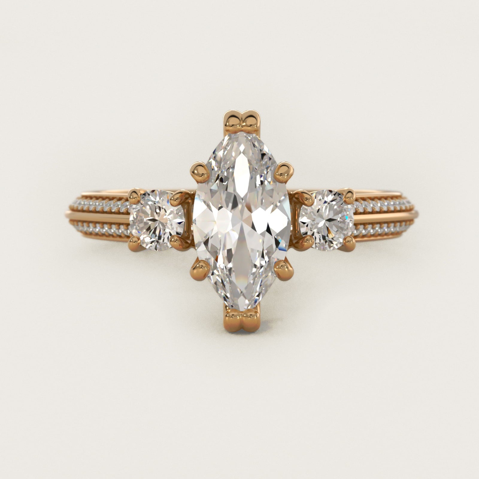 PavŽ Knife Edge Diamond Three Stone Engagement Ring In 14K Yellow Gold By James Allen - Marquise Center