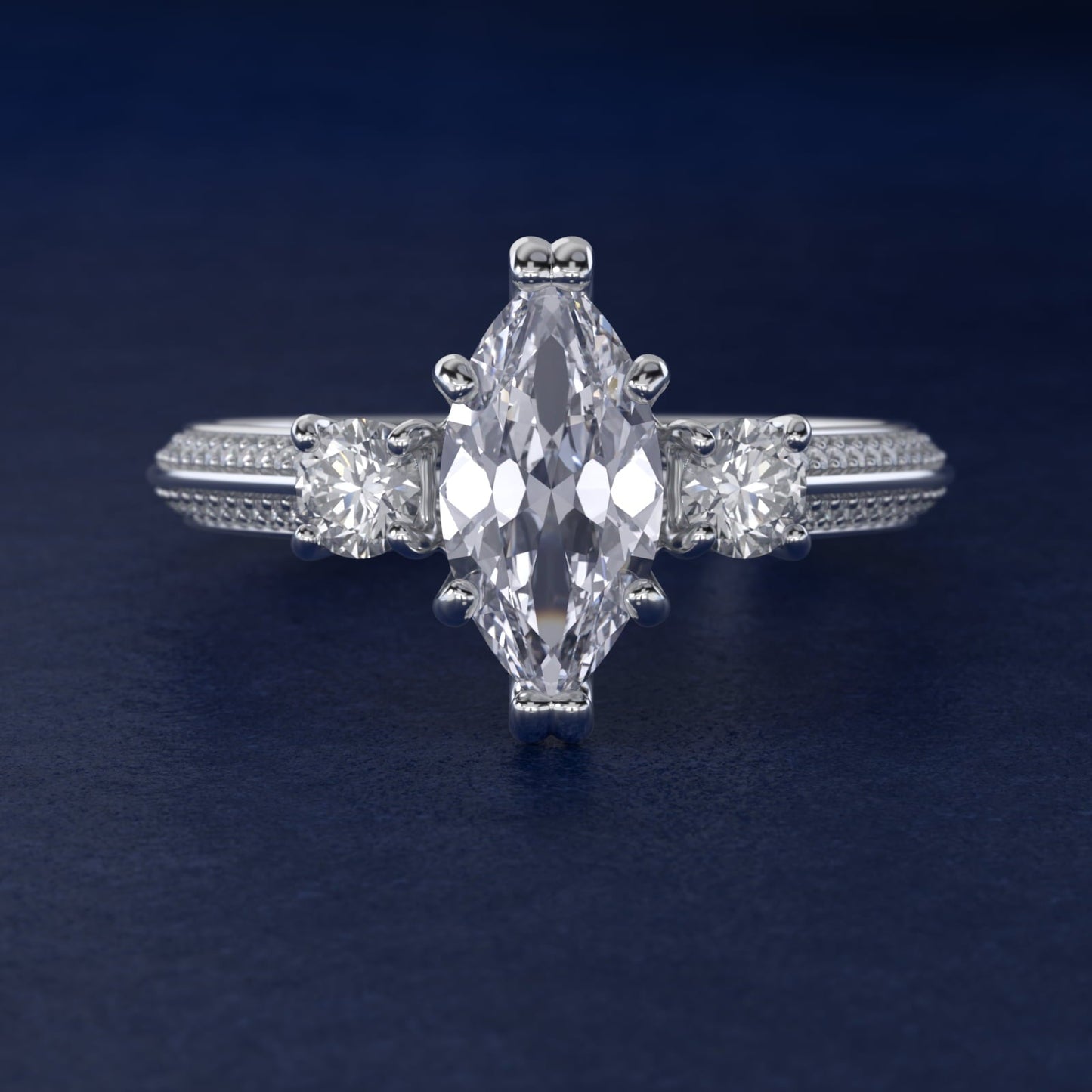 Pav? Knife Edge Diamond Three Stone Engagement Ring In Platinum By James Allen - Marquise Center
