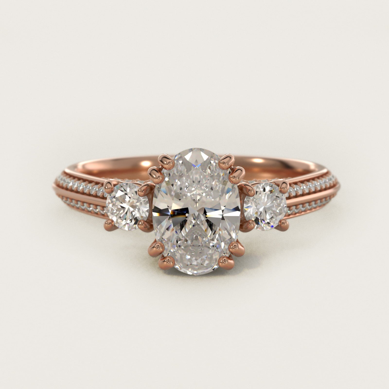 PavŽ Knife Edge Diamond Three Stone Engagement Ring In 14K Rose Gold By James Allen - Oval Center