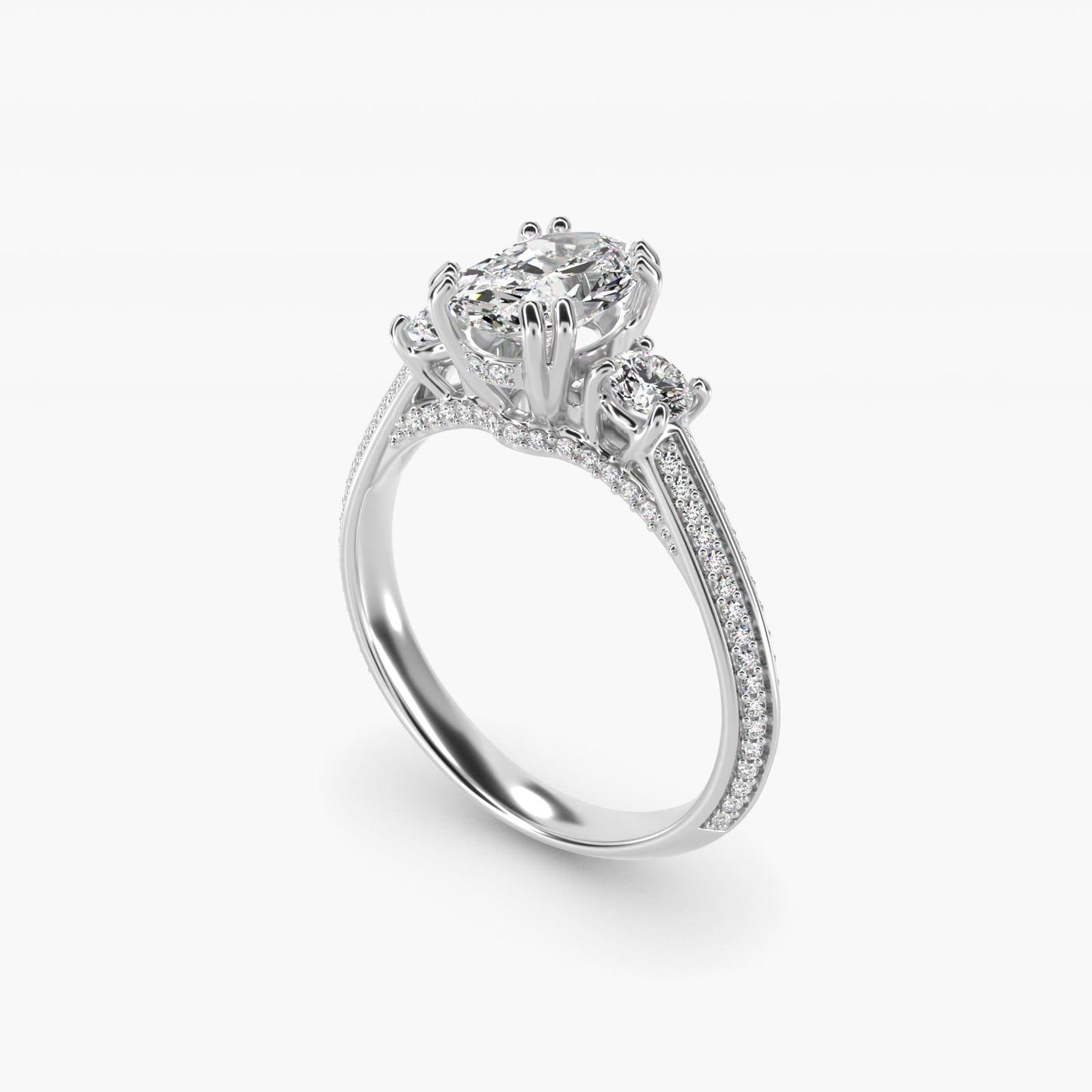 PavŽ Knife Edge Diamond Three Stone Engagement Ring In 14K White Gold By James Allen - Oval Center