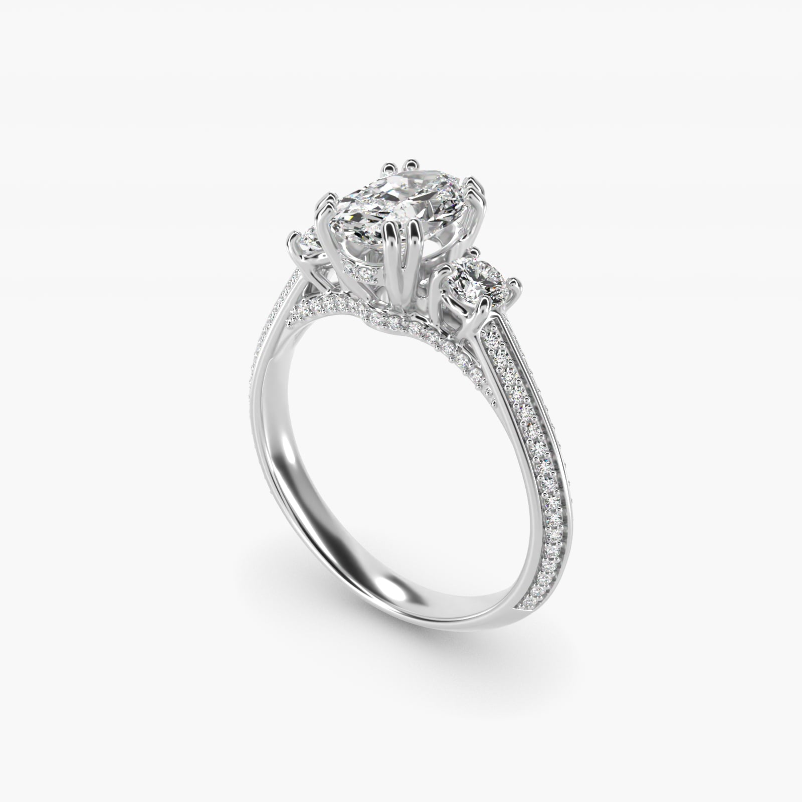 PavŽ Knife Edge Diamond Three Stone Engagement Ring In 14K White Gold By James Allen - Oval Center