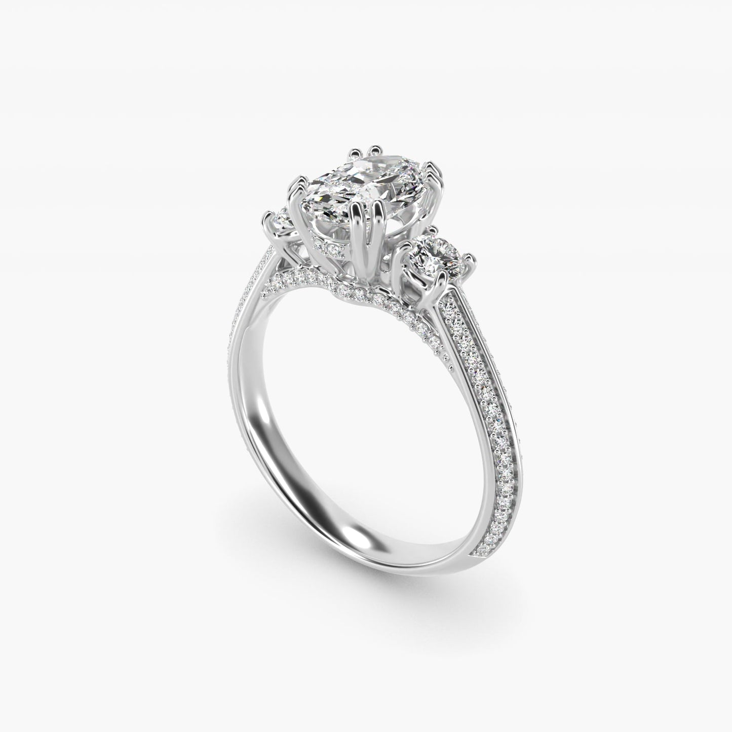 Pav? Knife Edge Diamond Three Stone Engagement Ring In 18k White Gold By James Allen - Oval Center