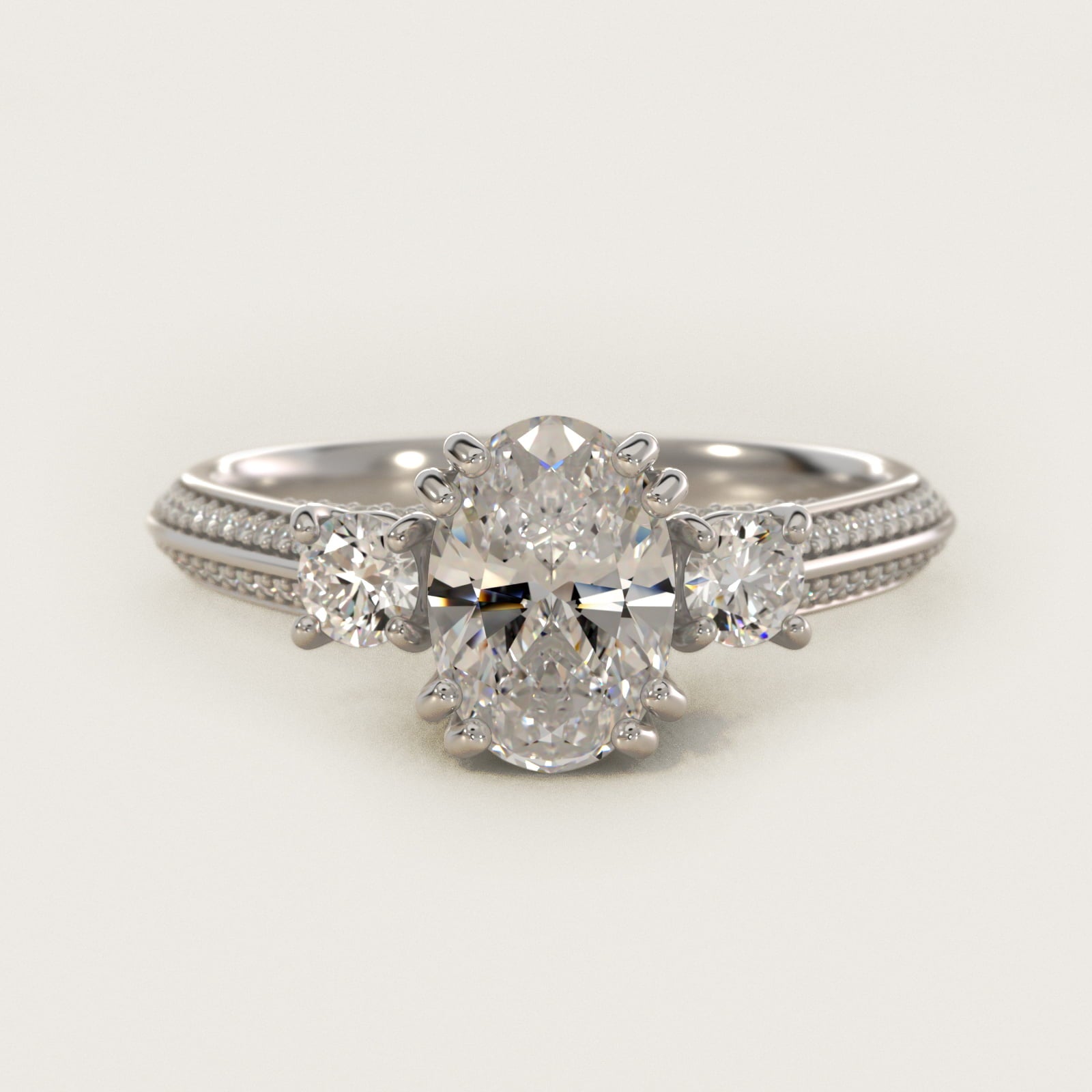 PavŽ Knife Edge Diamond Three Stone Engagement Ring In 14K White Gold By James Allen - Oval Center