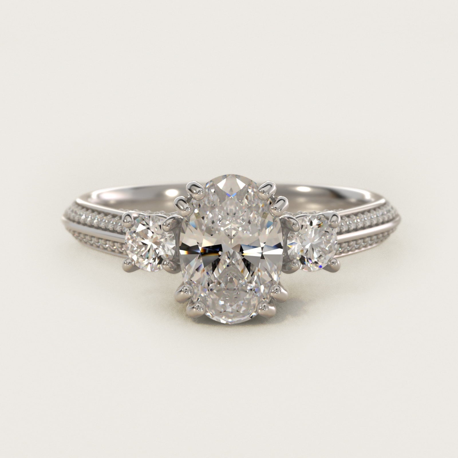Pav? Knife Edge Diamond Three Stone Engagement Ring In 18k White Gold By James Allen - Oval Center