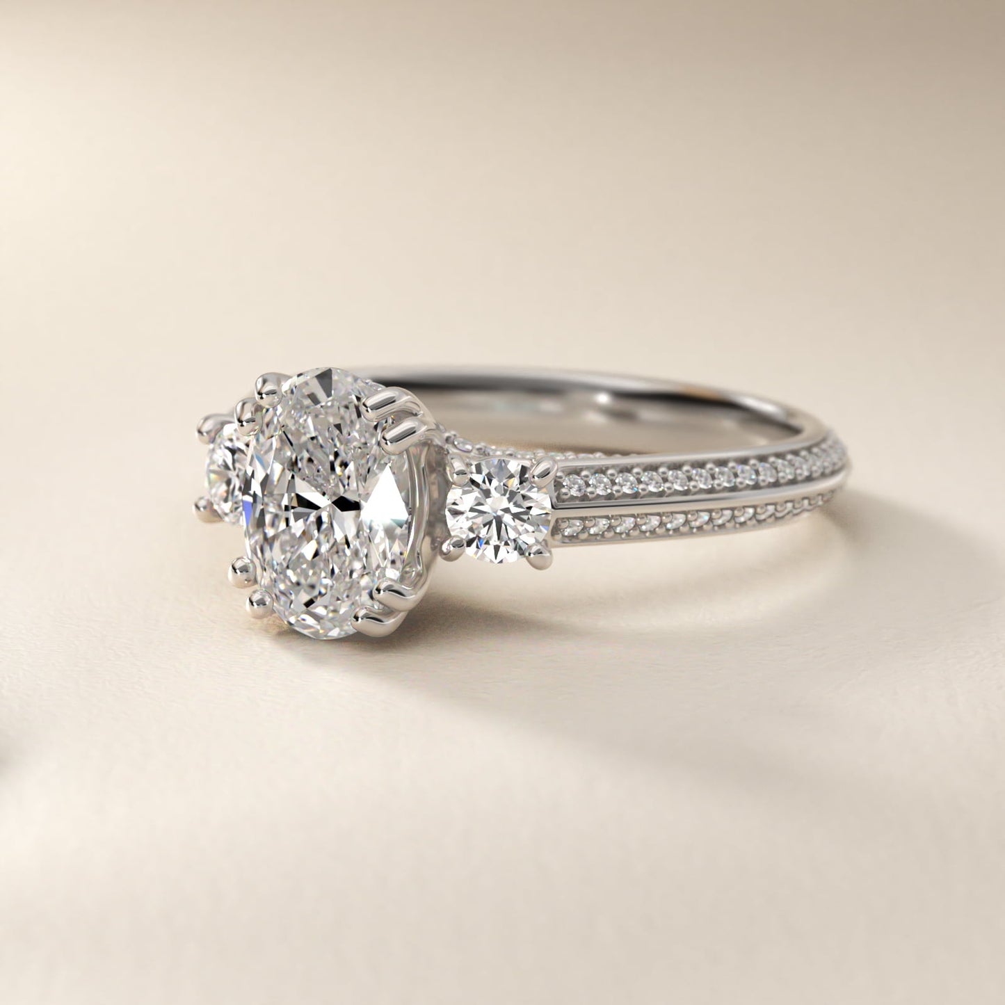 PavŽ Knife Edge Diamond Three Stone Engagement Ring In 14K White Gold By James Allen - Oval Center