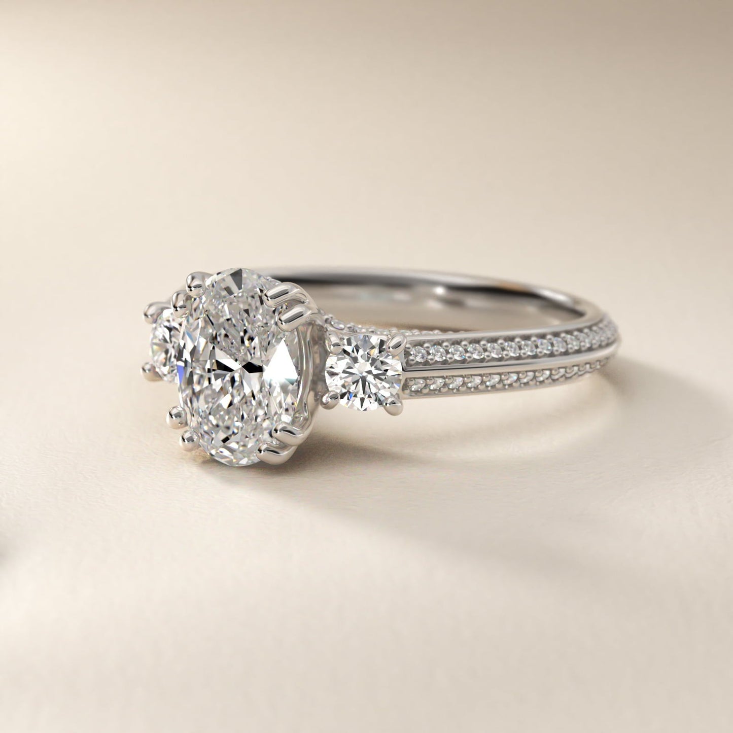 Pav? Knife Edge Diamond Three Stone Engagement Ring In 18k White Gold By James Allen - Oval Center