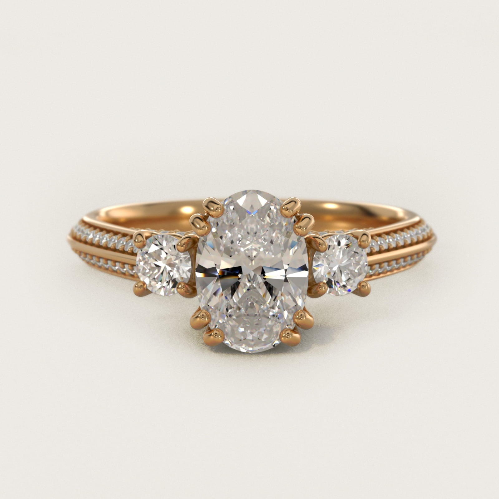 PavŽ Knife Edge Diamond Three Stone Engagement Ring In 14K Yellow Gold By James Allen - Oval Center