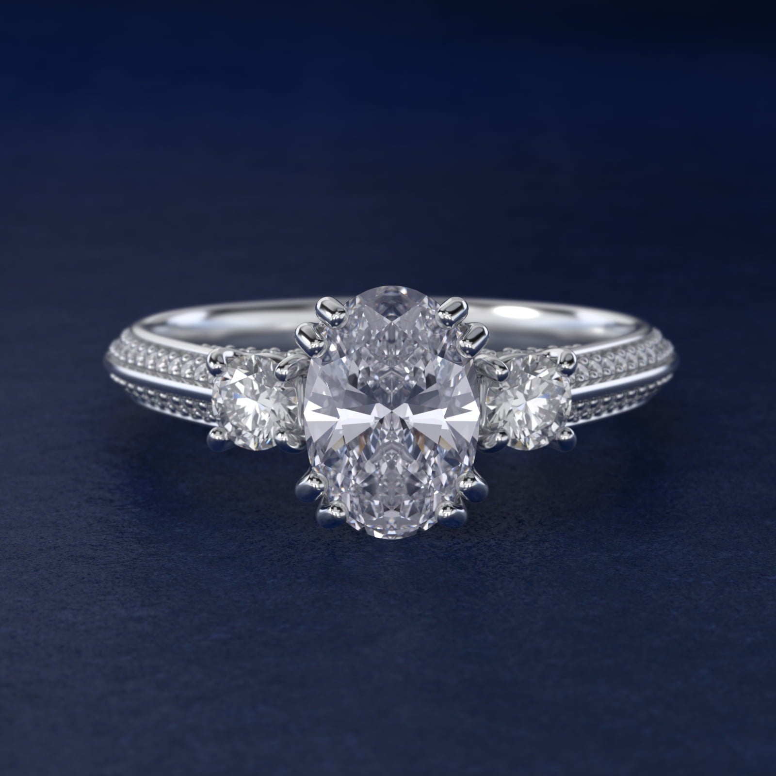 Pav? Knife Edge Diamond Three Stone Engagement Ring In Platinum By James Allen - Oval Center