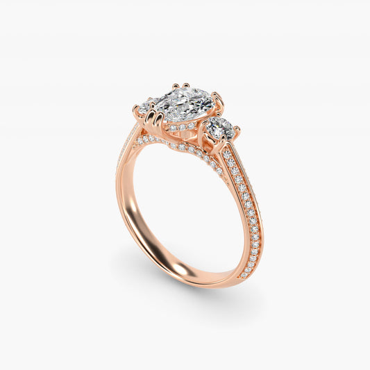 PavŽ Knife Edge Diamond Three Stone Engagement Ring In 14K Rose Gold By James Allen - Pear Center