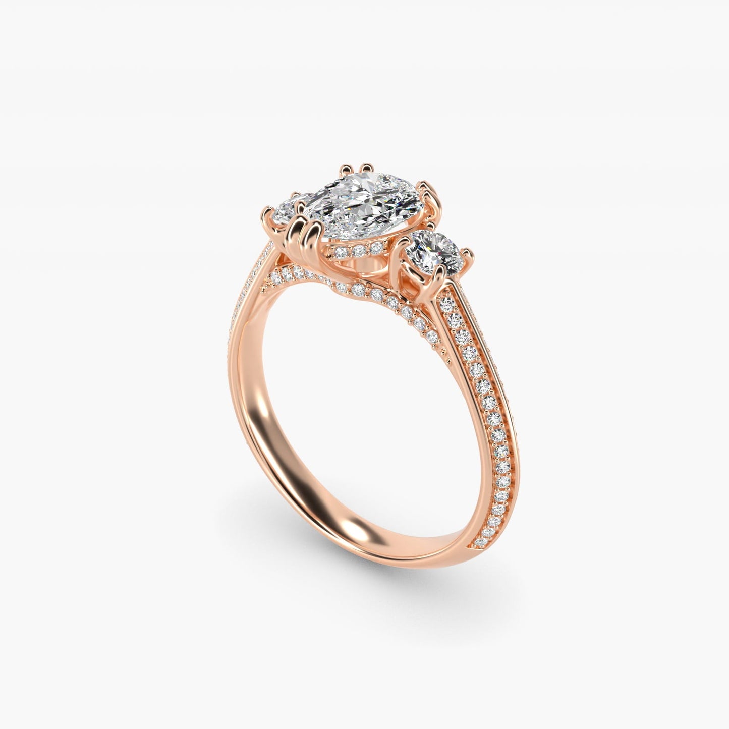 Pav? Knife Edge Diamond Three Stone Engagement Ring In 18k Rose Gold By James Allen - Pear Center