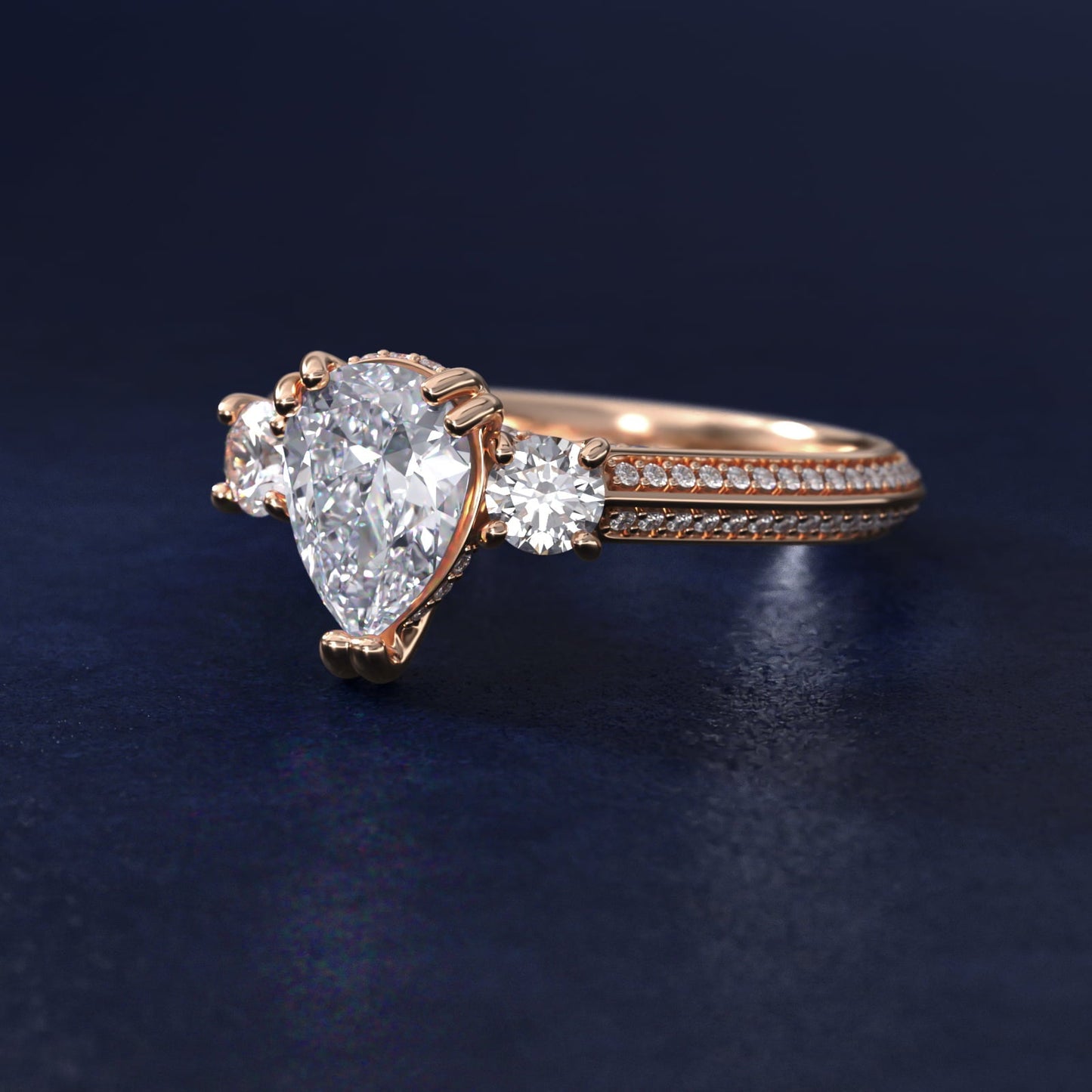 Pav? Knife Edge Diamond Three Stone Engagement Ring In 18k Rose Gold By James Allen - Pear Center
