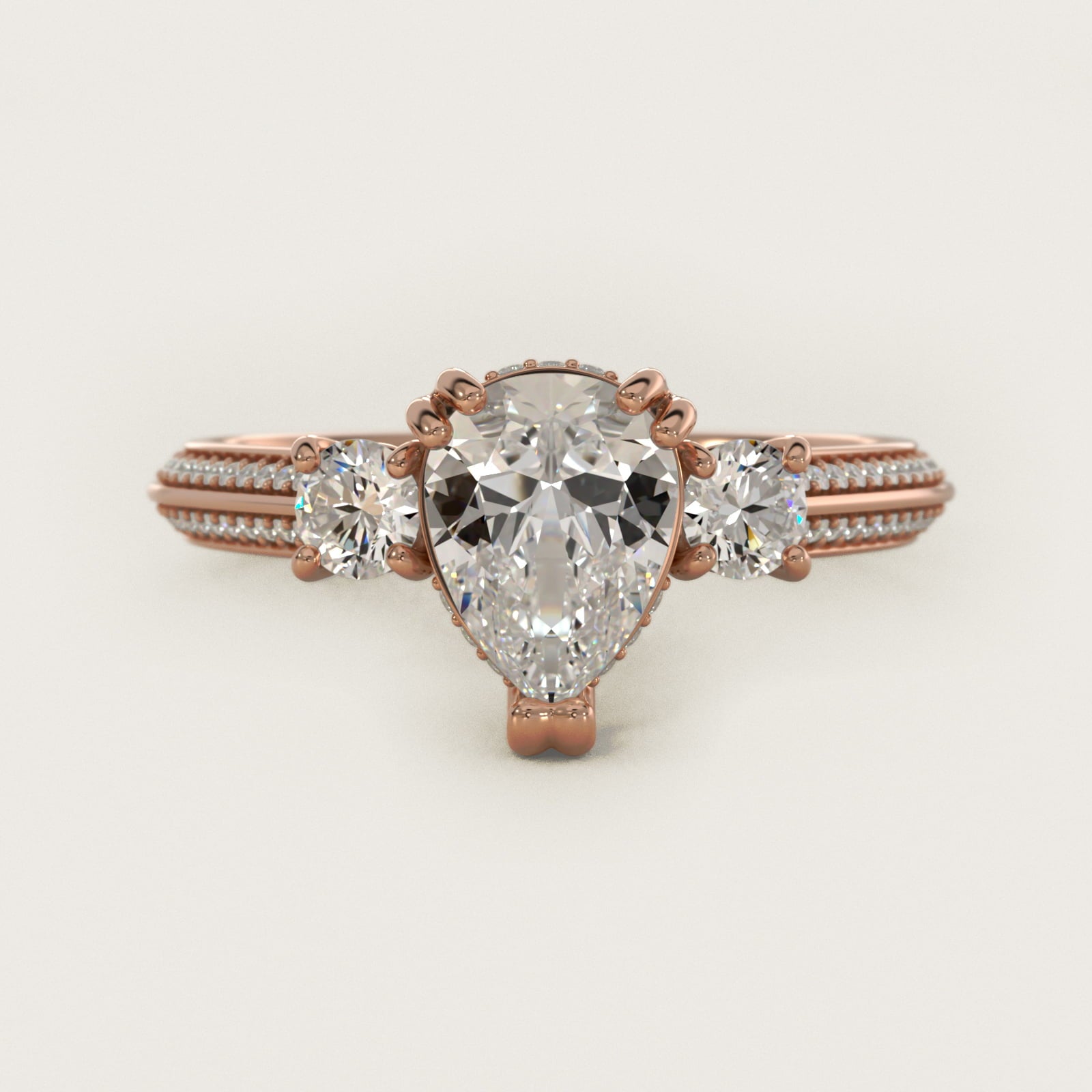 PavŽ Knife Edge Diamond Three Stone Engagement Ring In 14K Rose Gold By James Allen - Pear Center