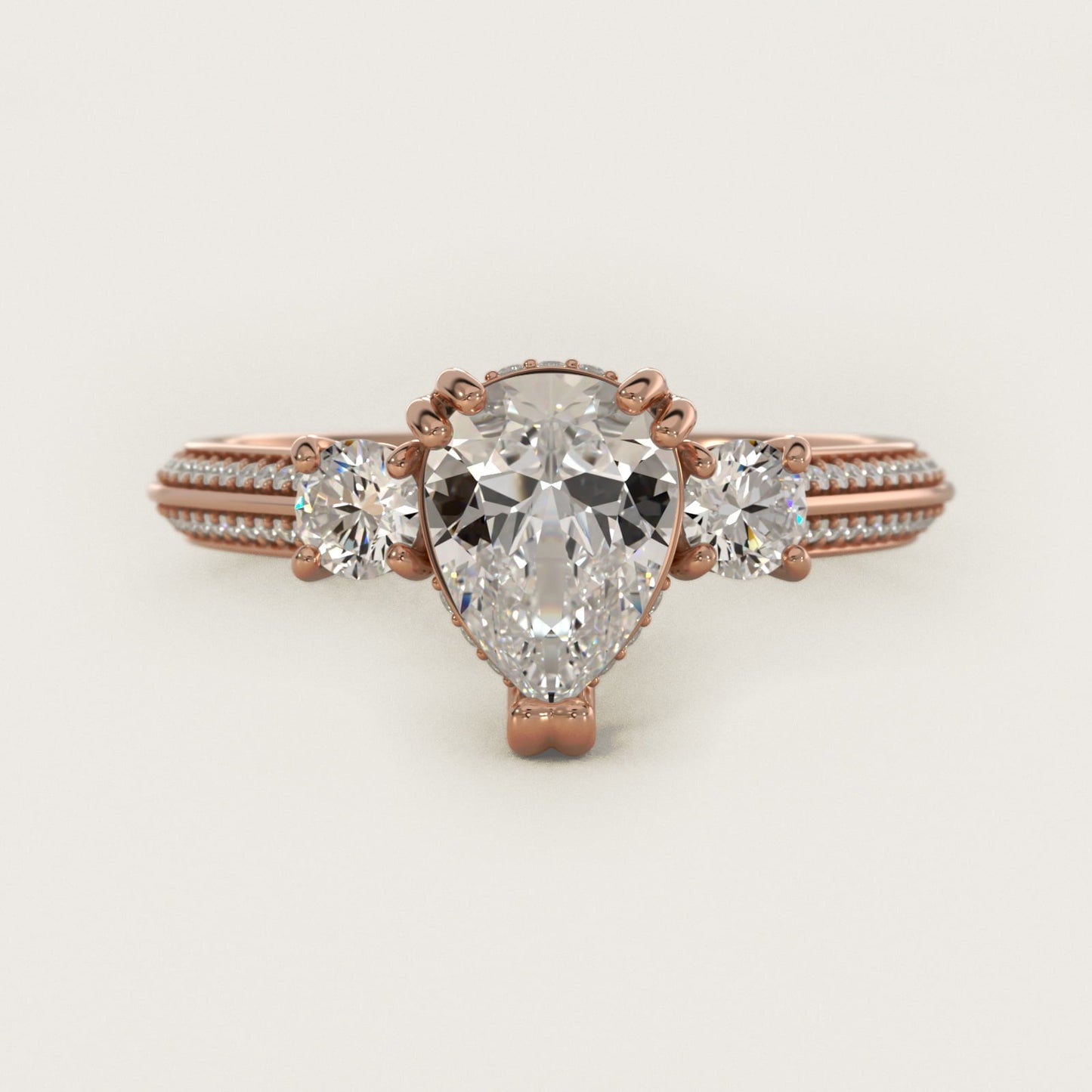 Pav? Knife Edge Diamond Three Stone Engagement Ring In 18k Rose Gold By James Allen - Pear Center