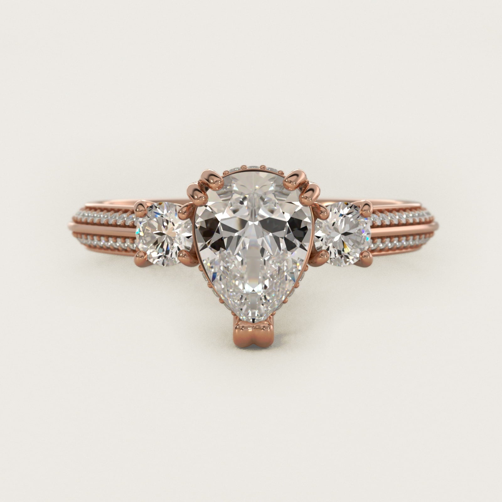 Pav? Knife Edge Diamond Three Stone Engagement Ring In 18k Rose Gold By James Allen - Pear Center
