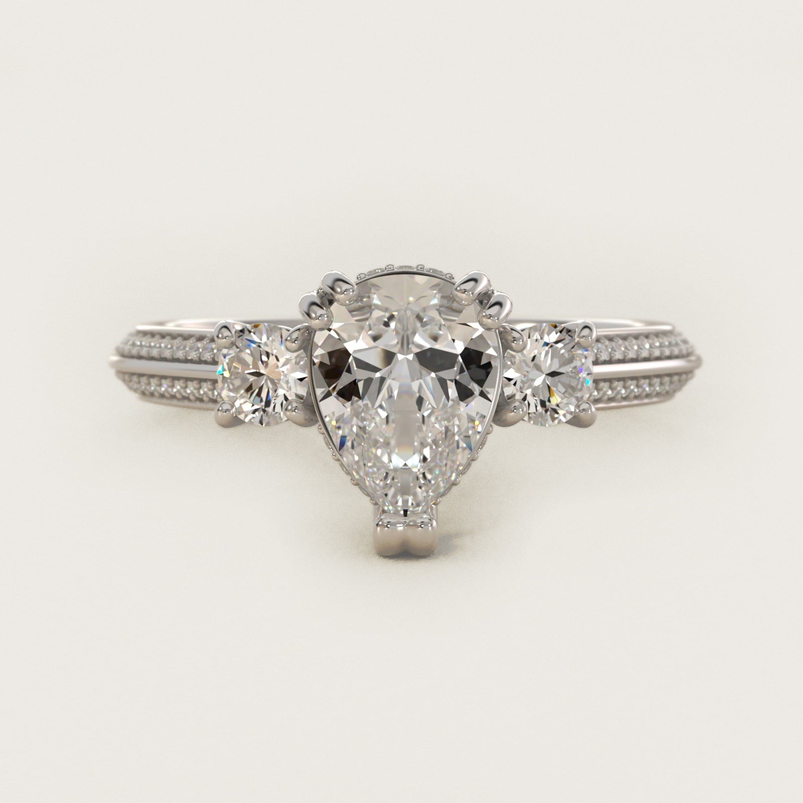 Pav? Knife Edge Diamond Three Stone Engagement Ring In 18k White Gold By James Allen - Pear Center