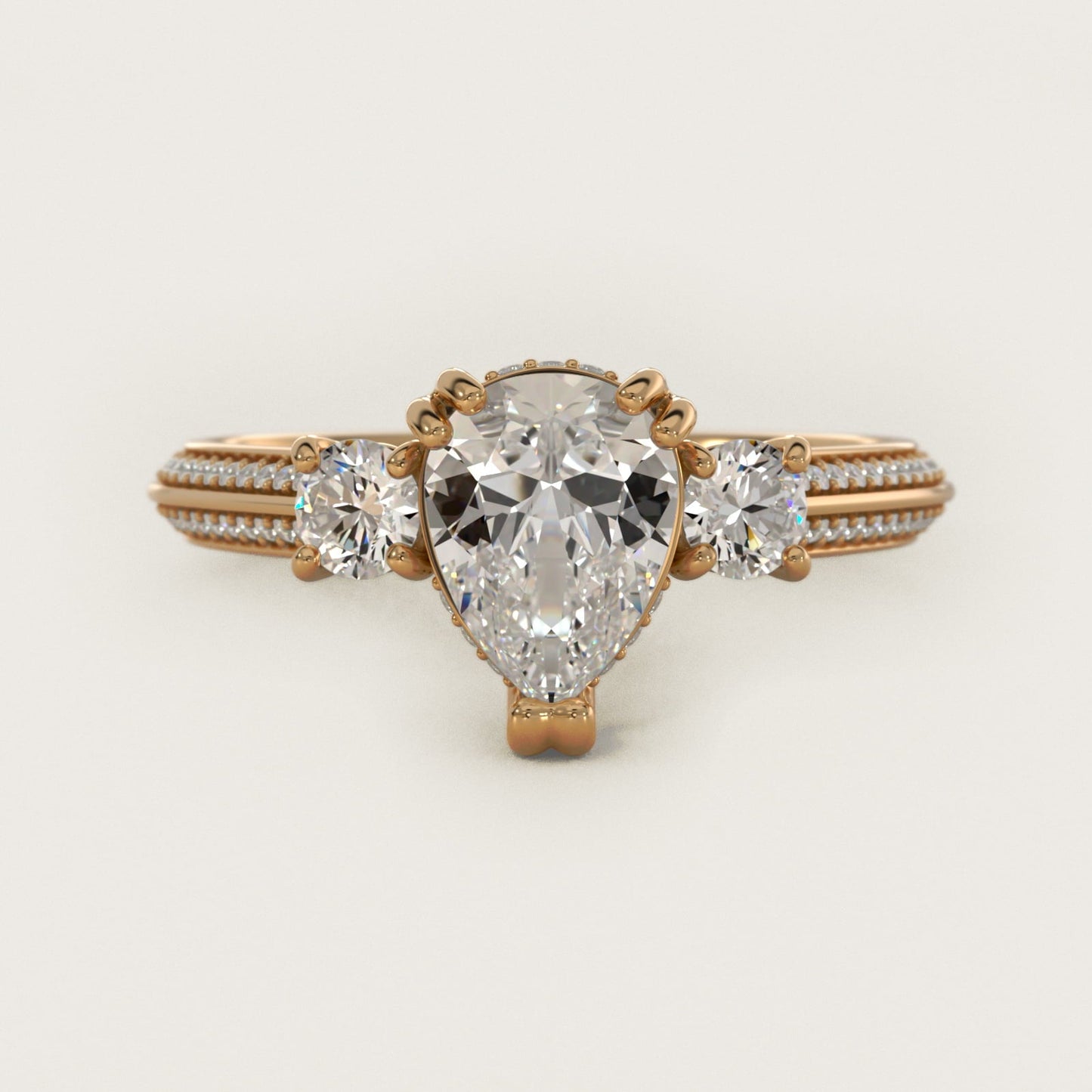 Pav? Knife Edge Diamond Three Stone Engagement Ring In 18k Yellow Gold By James Allen - Pear Center