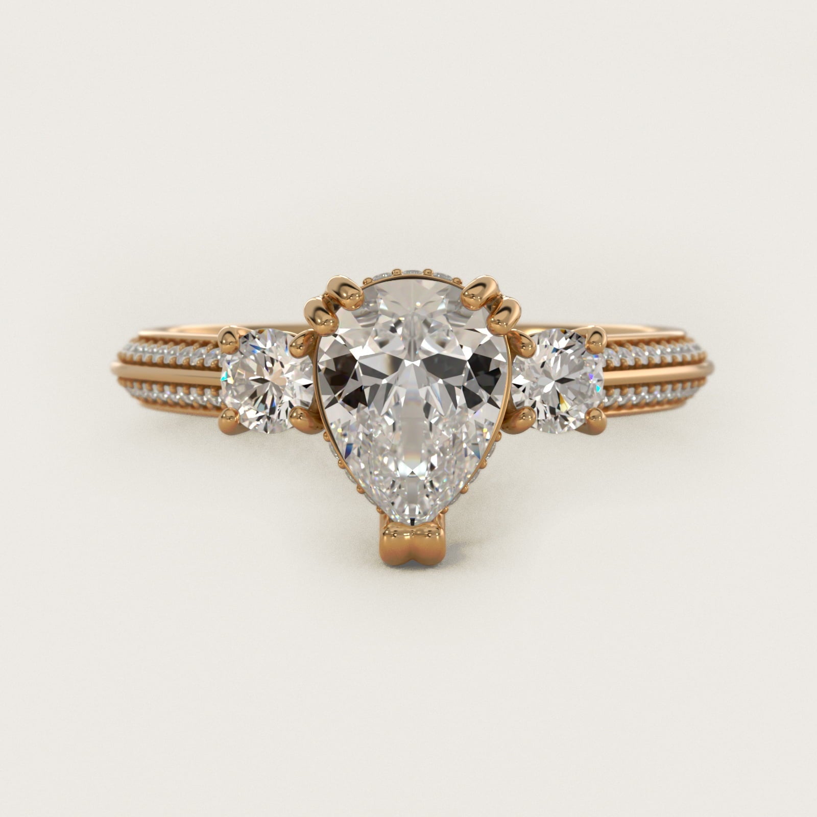 Pav? Knife Edge Diamond Three Stone Engagement Ring In 18k Yellow Gold By James Allen - Pear Center