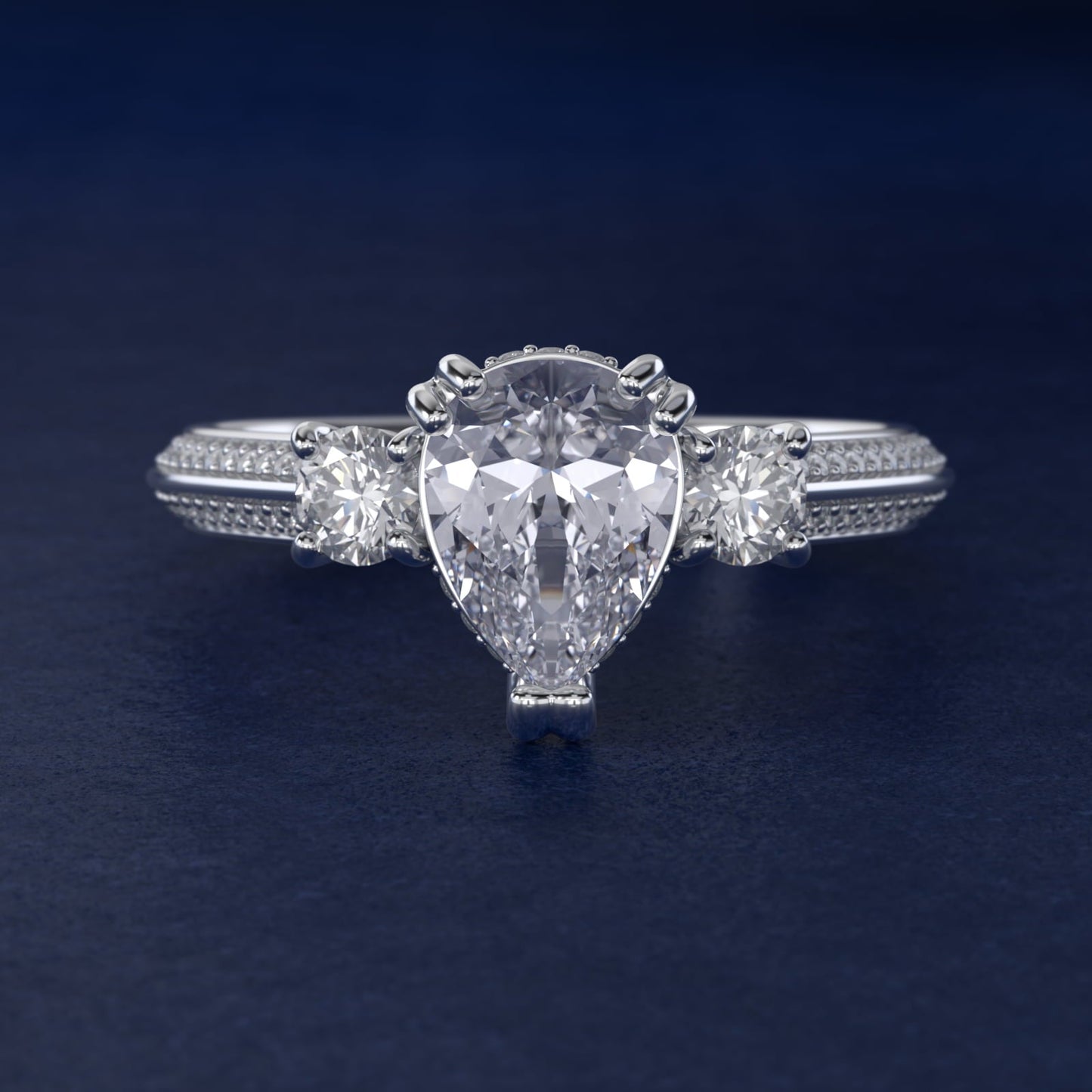 Pav? Knife Edge Diamond Three Stone Engagement Ring In Platinum By James Allen - Pear Center
