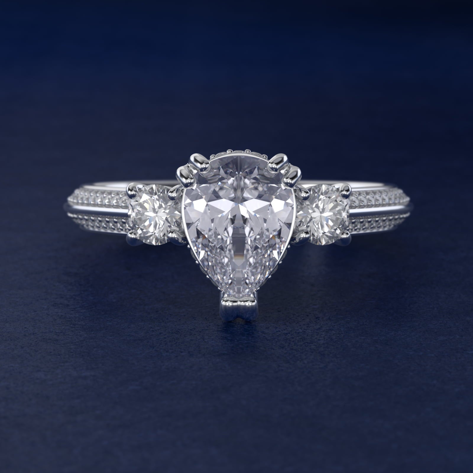 Pav? Knife Edge Diamond Three Stone Engagement Ring In Platinum By James Allen - Pear Center