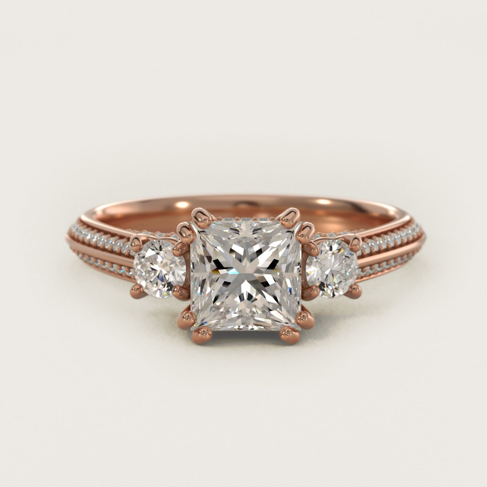 PavŽ Knife Edge Diamond Three Stone Engagement Ring In 14K Rose Gold By James Allen - Princess Center
